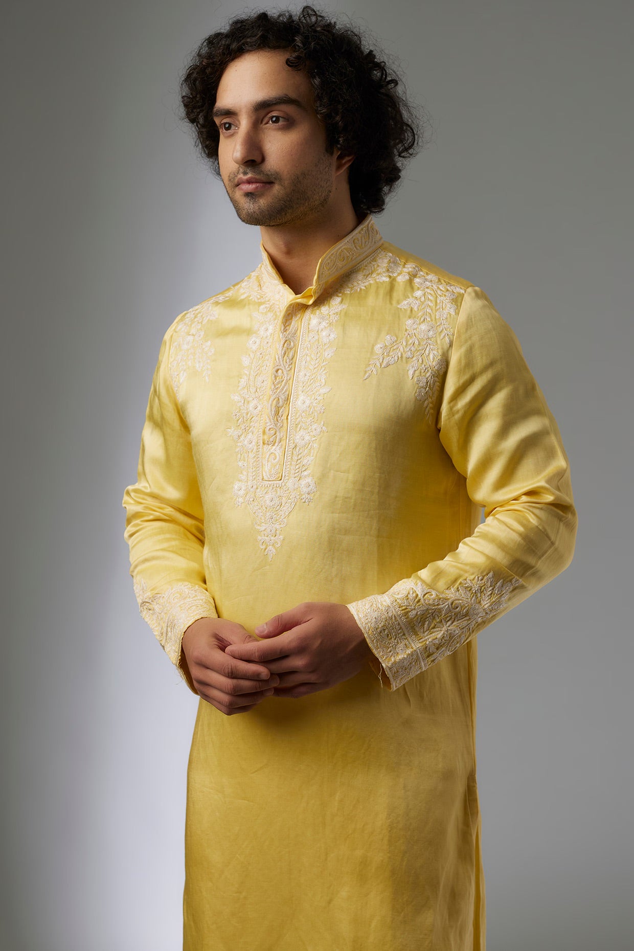 Yellow Linen Silk Hand Embroidered Kurta Set