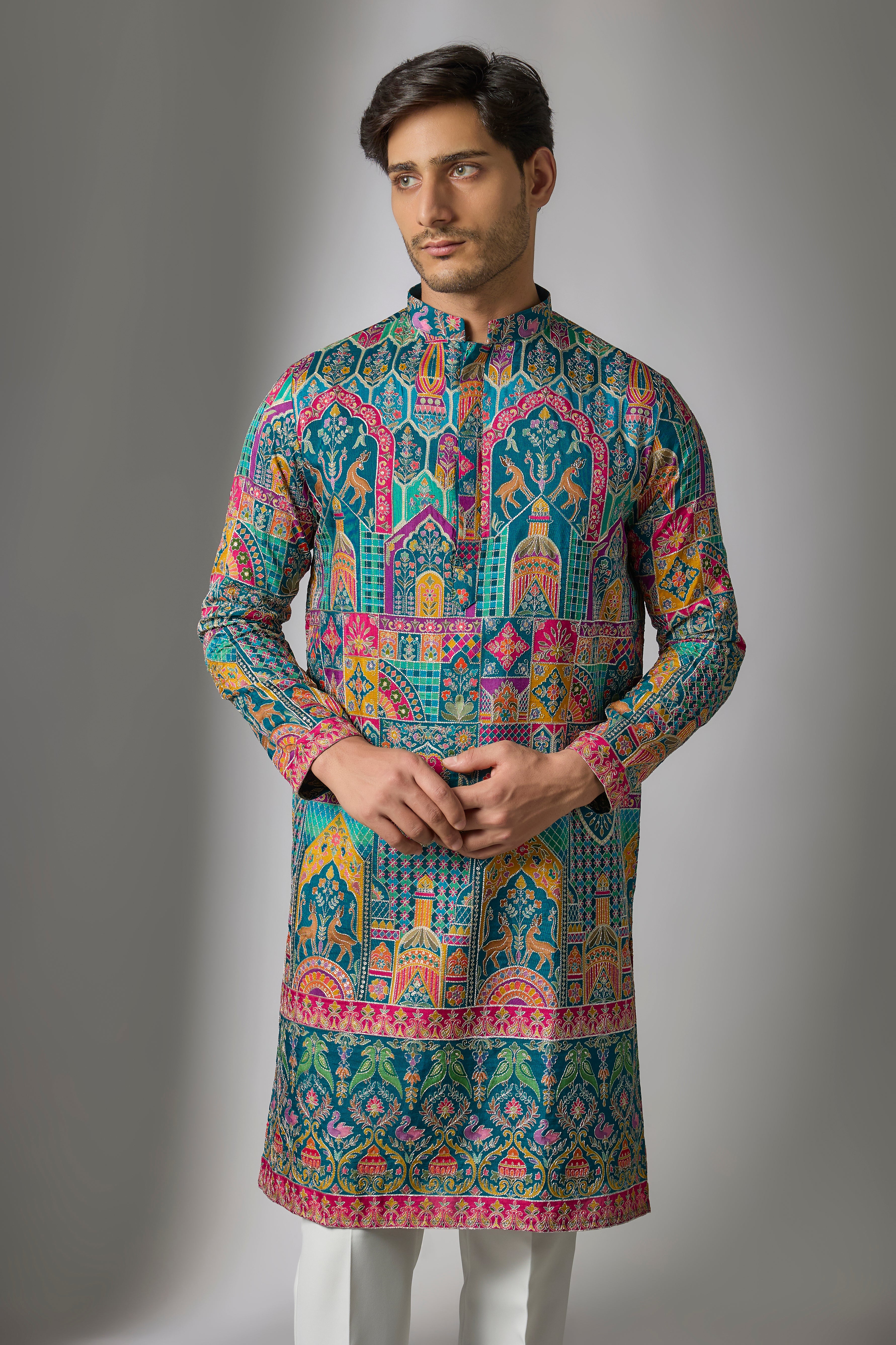 Multi-Colored Cotton Silk Printed & Embroidered Kurta Set