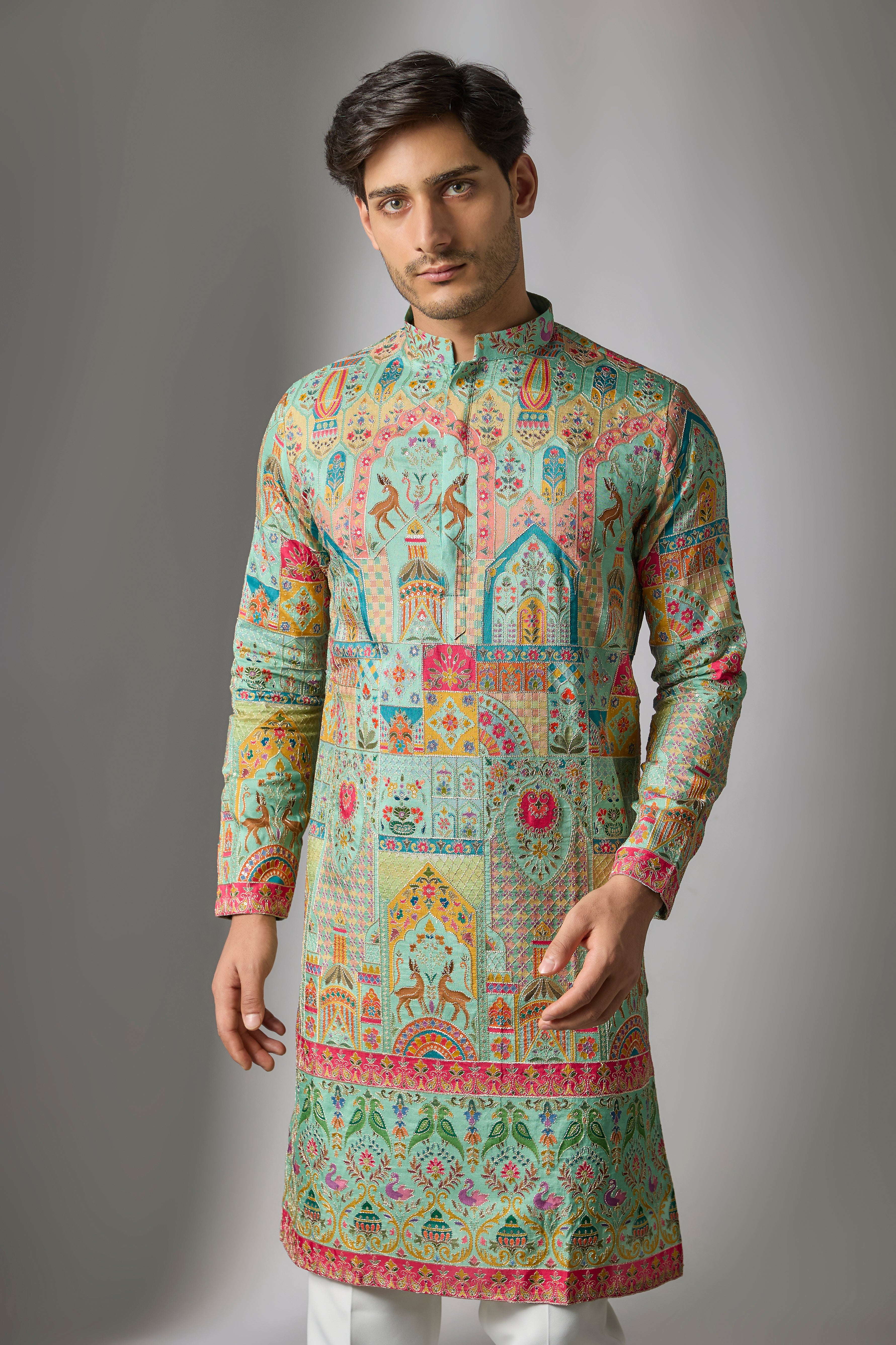 Green Cotton Silk Printed & Embroidered Kurta Set