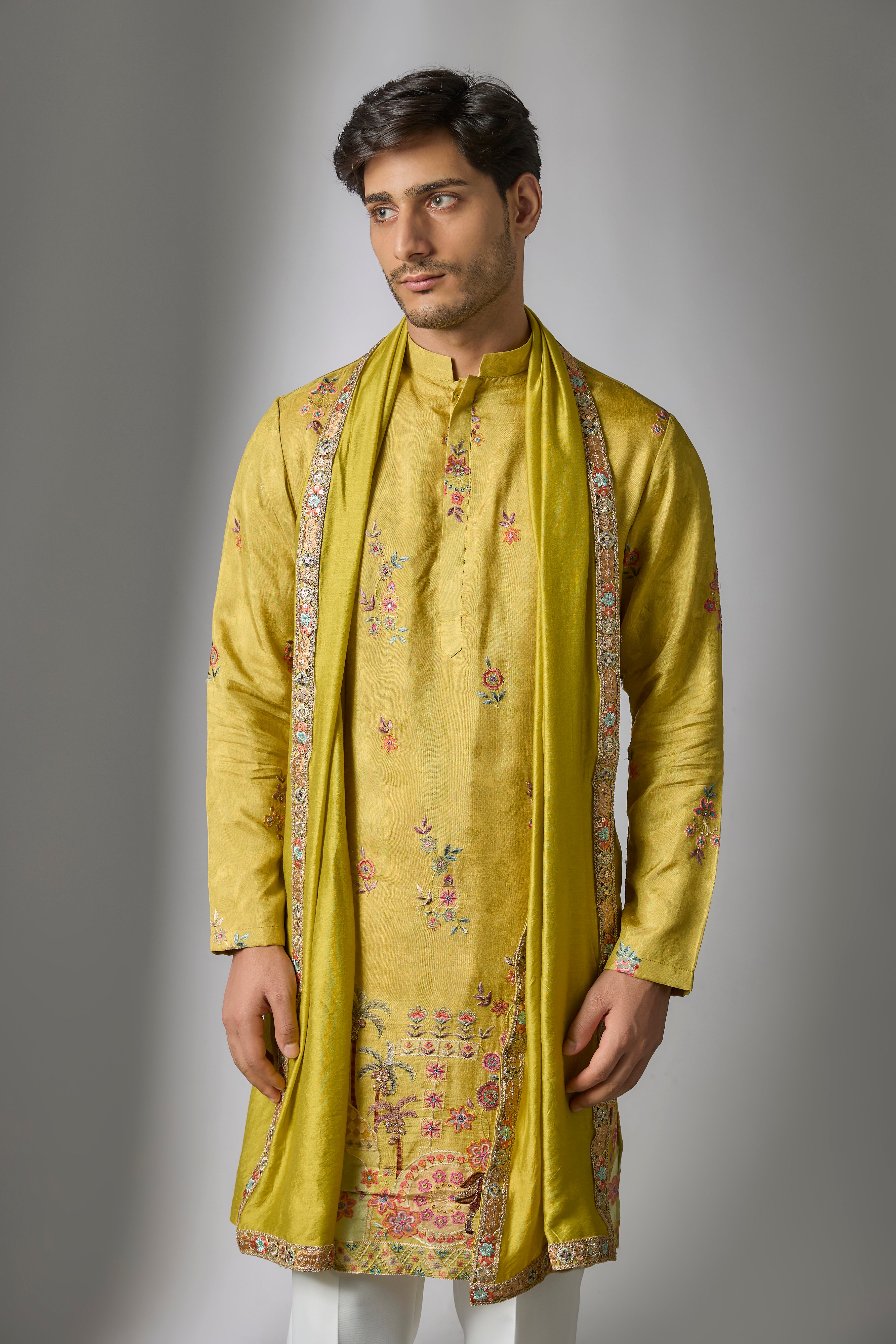 Yellow Cotton Silk Printed & Zari Embroidered Kurta Set