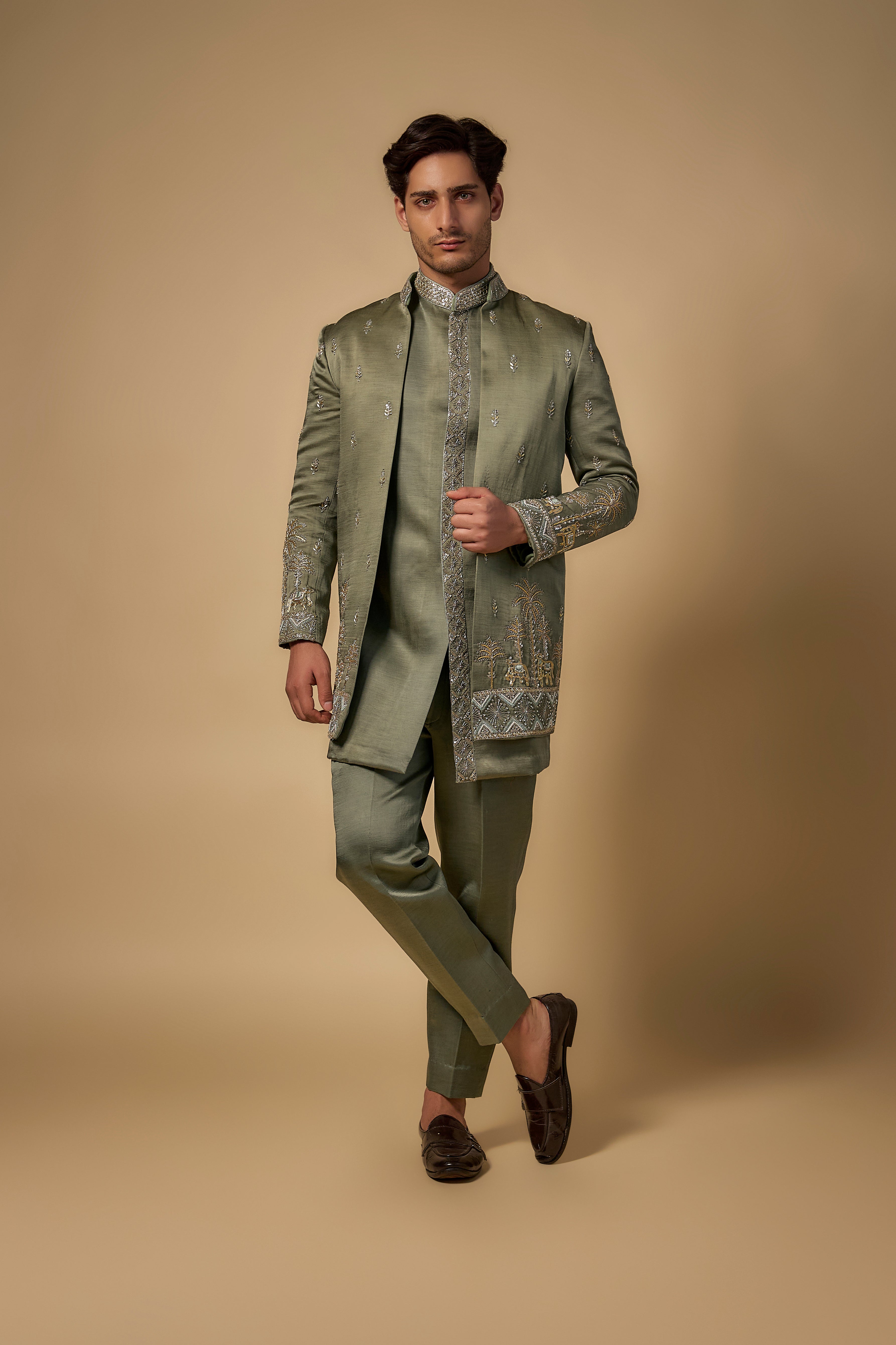 Green Linen Silk Zari Handwork Open Sherwani Set