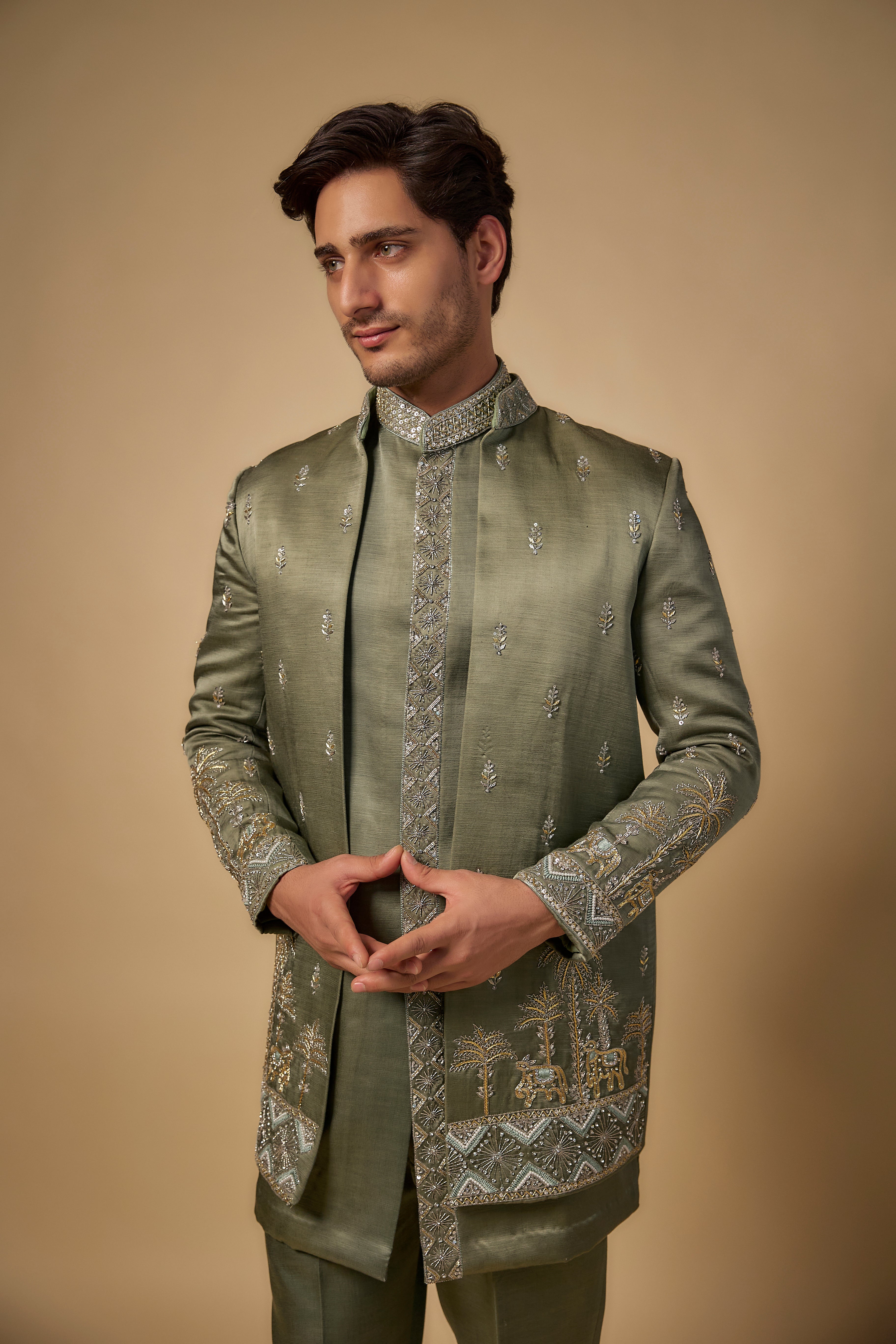 Green Linen Silk Zari Handwork Open Sherwani Set