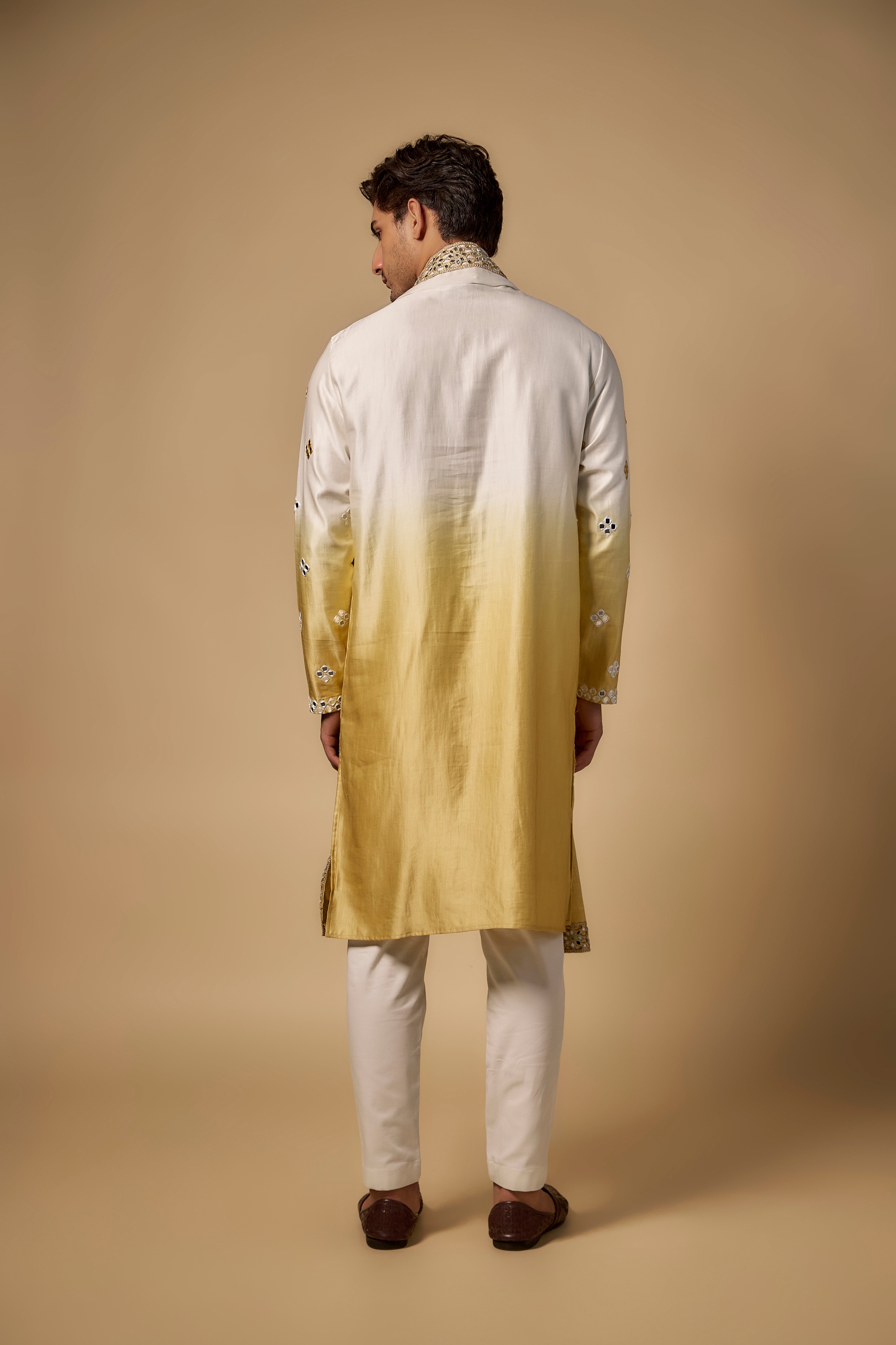 Gold-White Ombre Linen Silk Mirror Cutwork Kurta Set