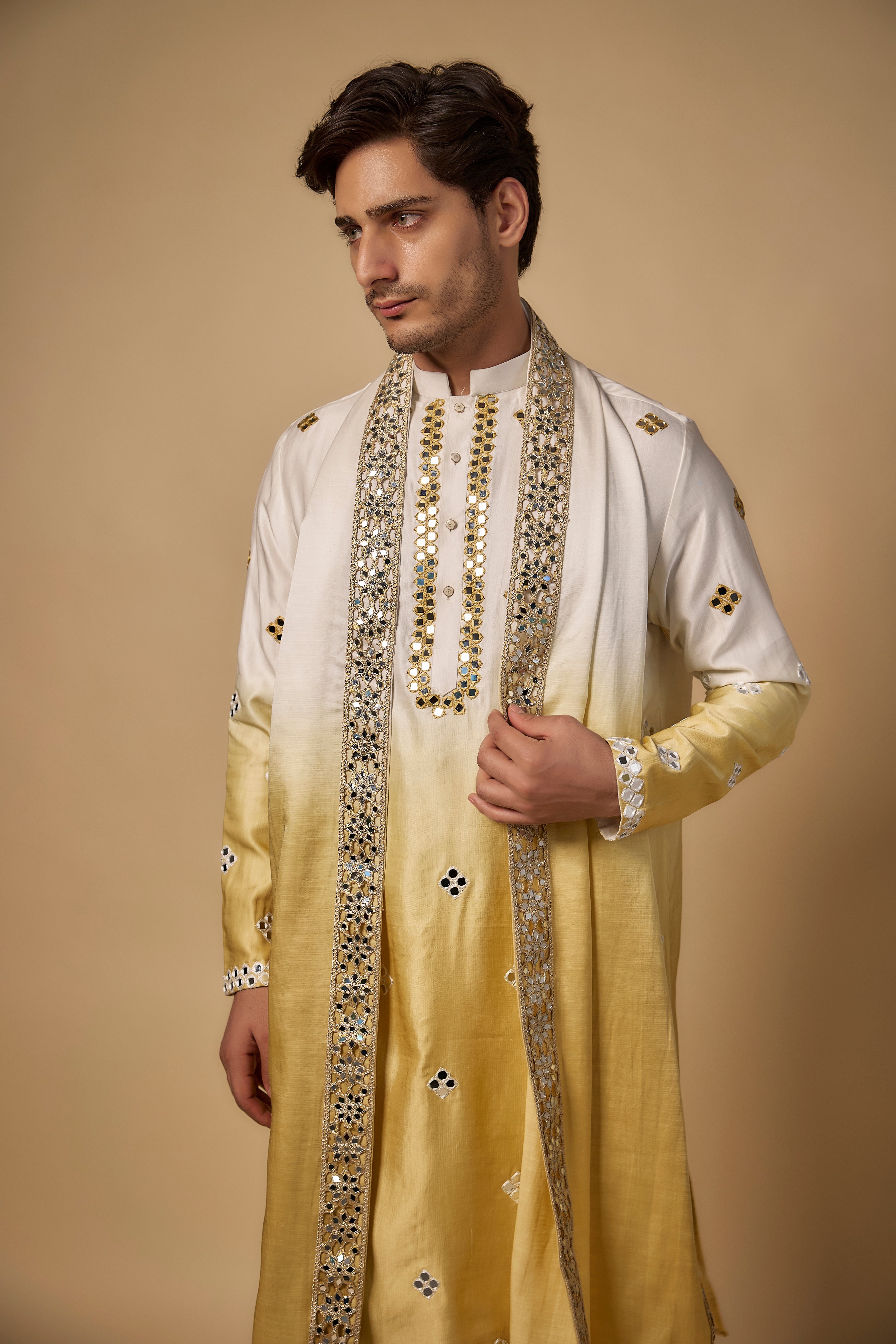 Gold-White Ombre Linen Silk Mirror Cutwork Kurta Set