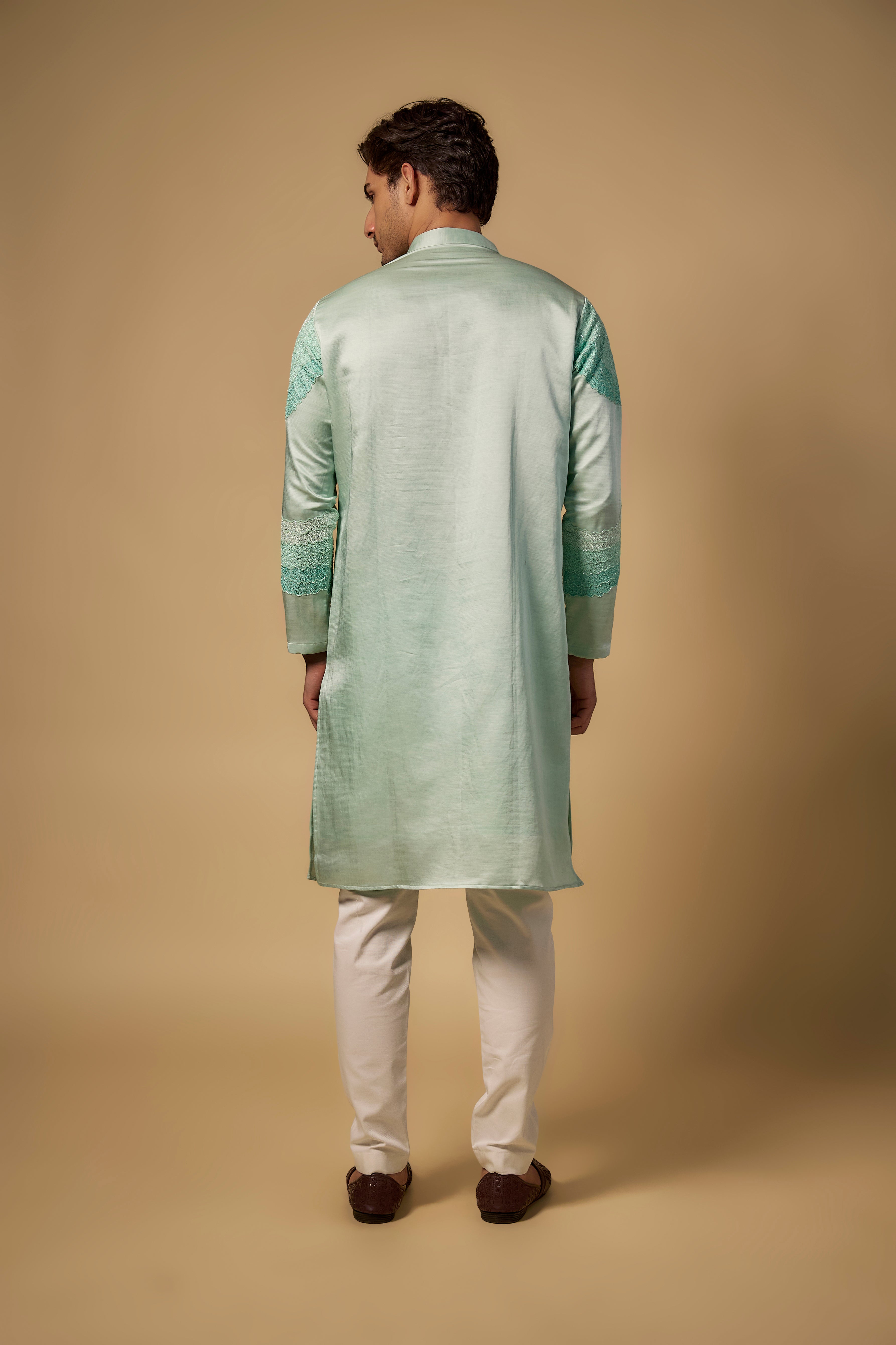 Sea Green Linen Silk Thread Embroidered Kurta Set