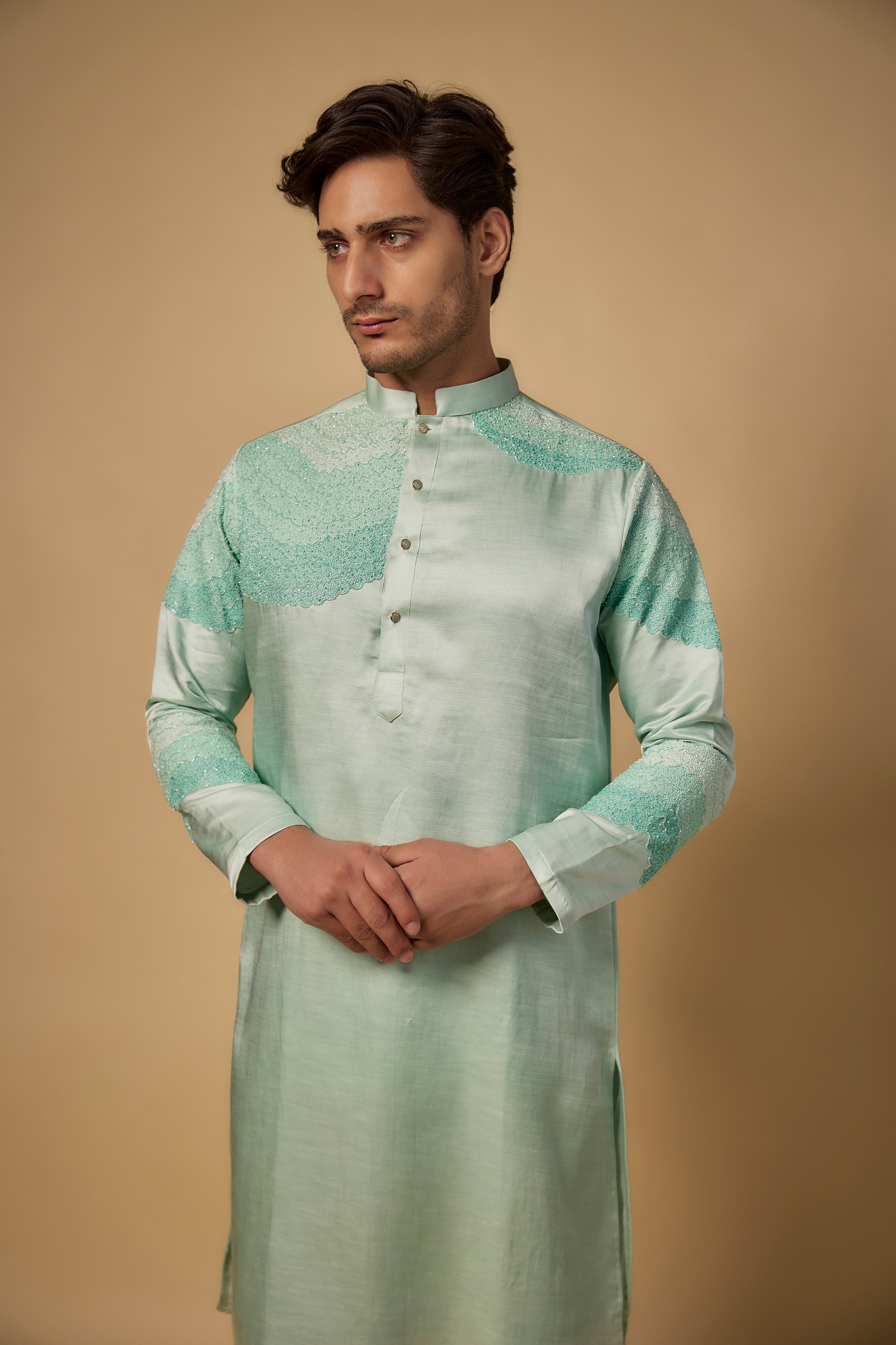 Sea Green Linen Silk Thread Embroidered Kurta Set