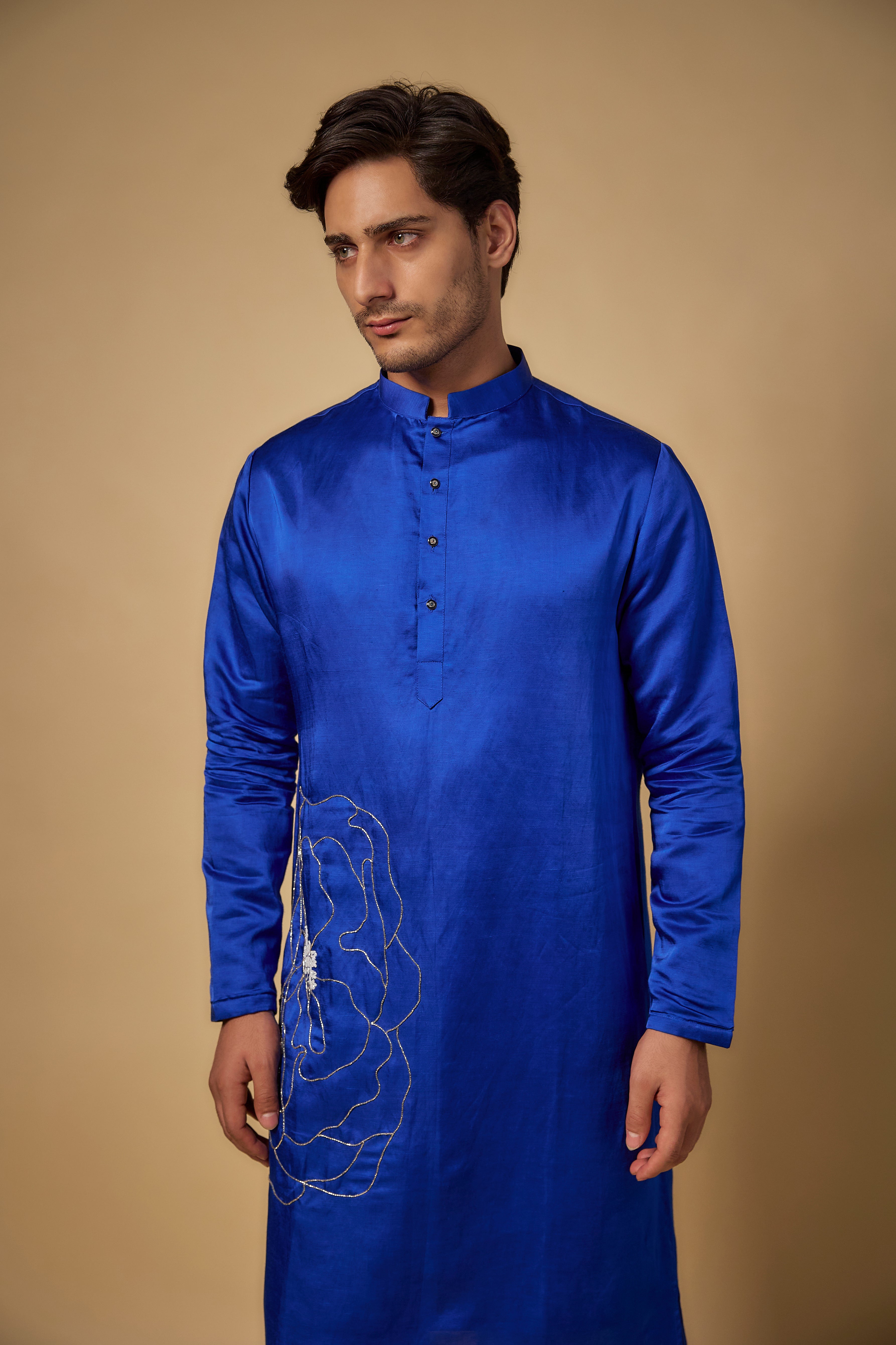 Royal Blue Linen Silk Hand Embroidered Kurta Set