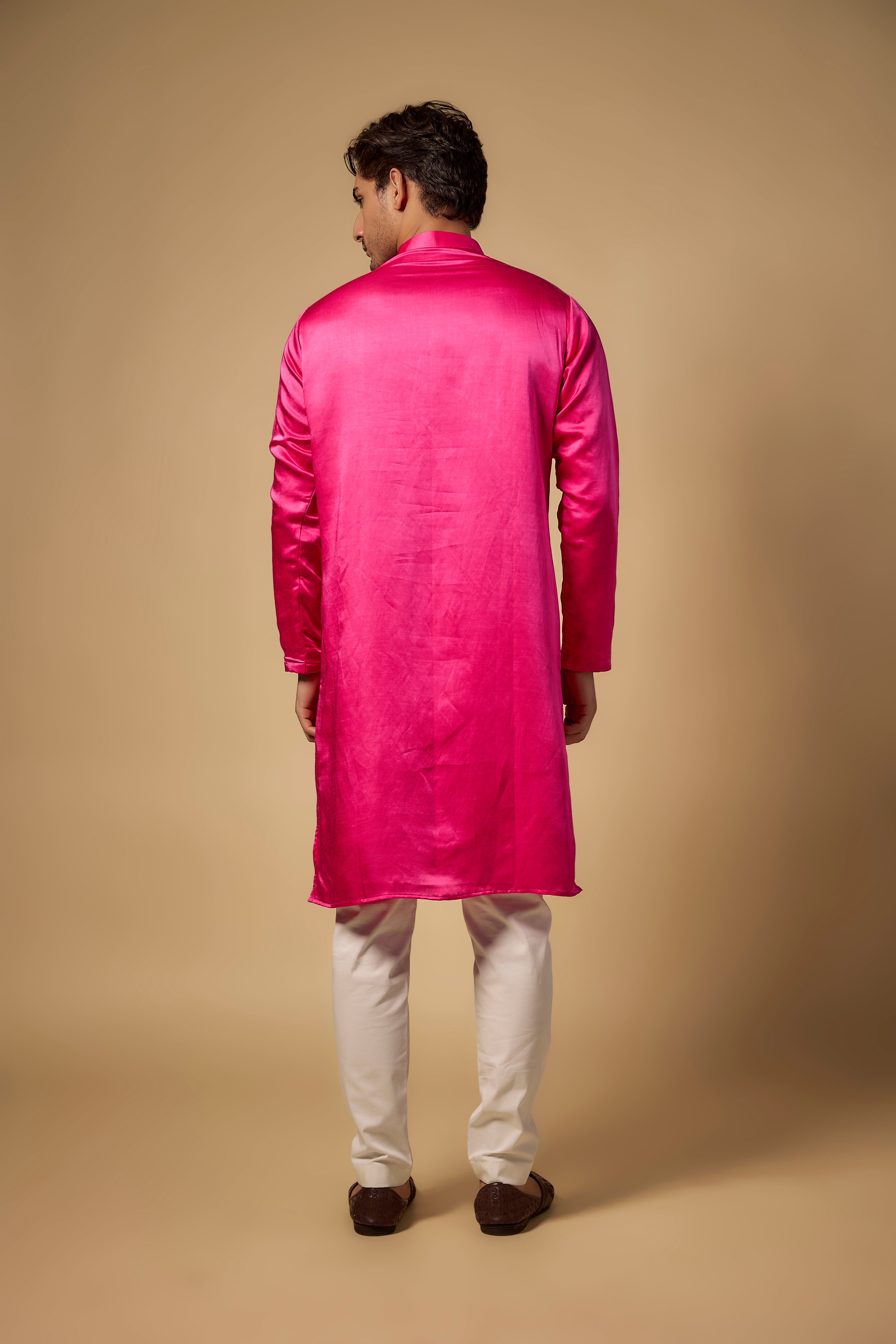 Magenta Linen Silk Hand Embroidered Kurta Set