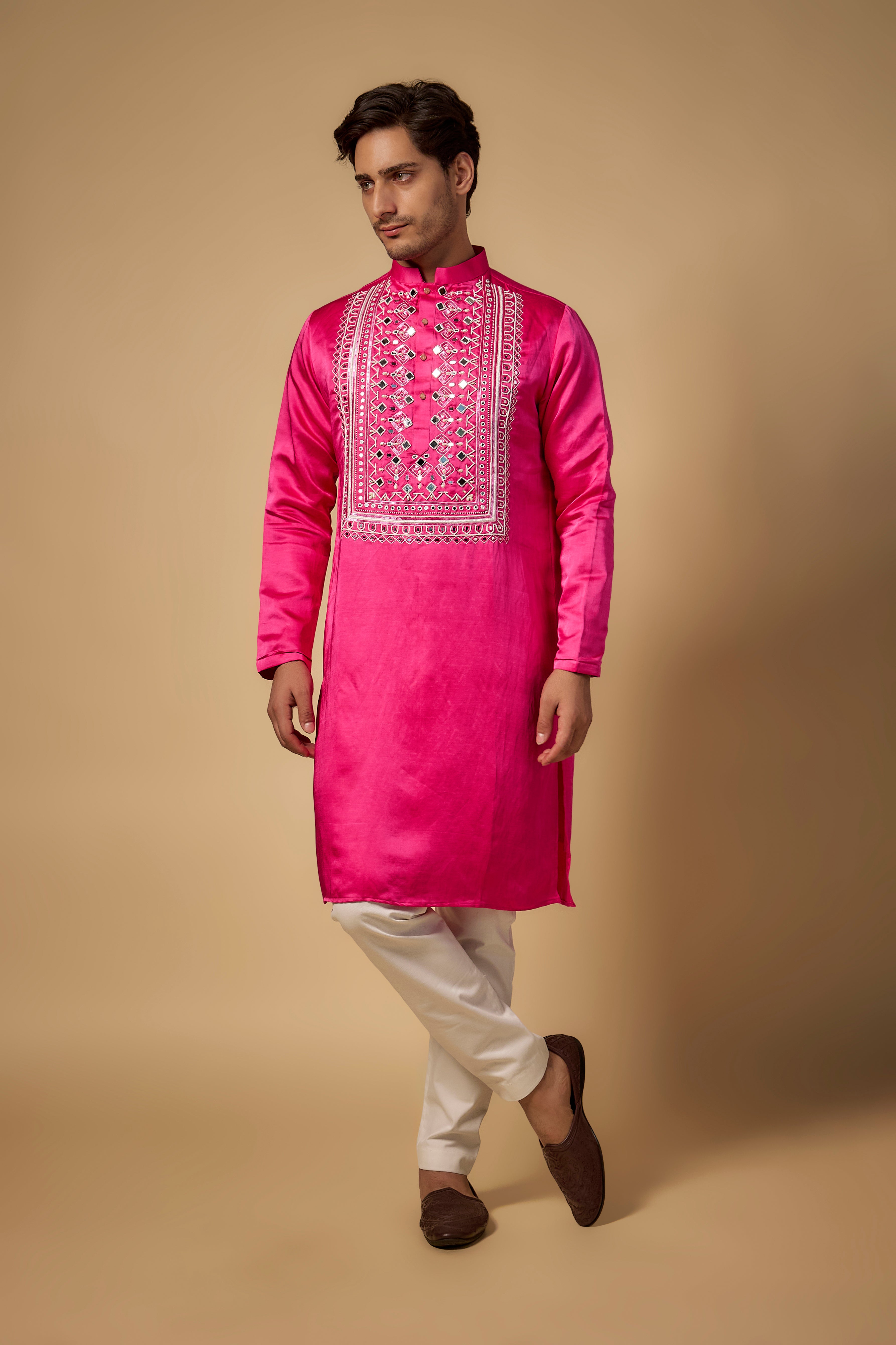 Magenta Linen Silk Hand Embroidered Kurta Set