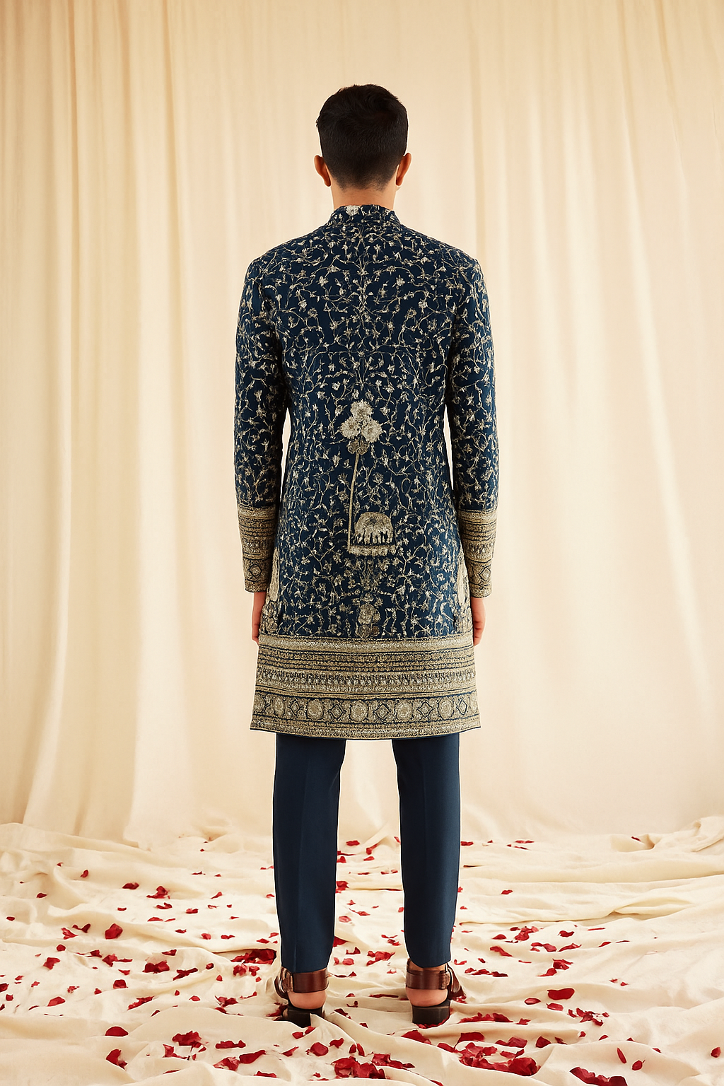 Navy Blue Embroidered Kurta with Heritage Motifs – Luxury Wedding & Festive Wear