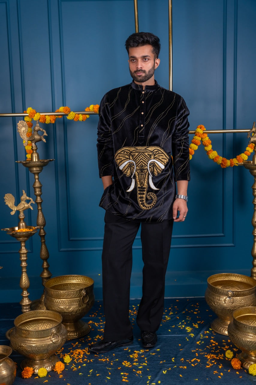 Black Kurta with Regal Elephant Embroidery