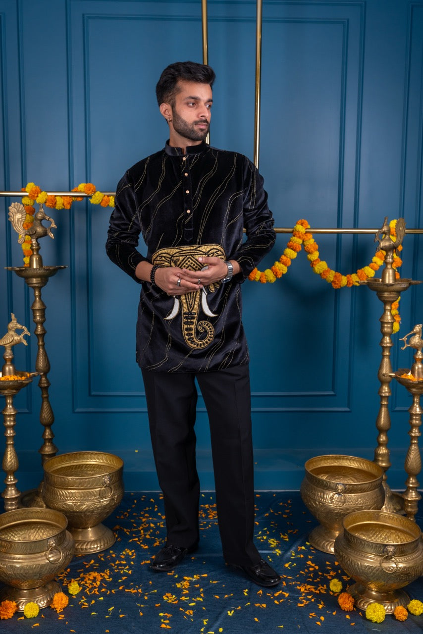 Black Kurta with Regal Elephant Embroidery