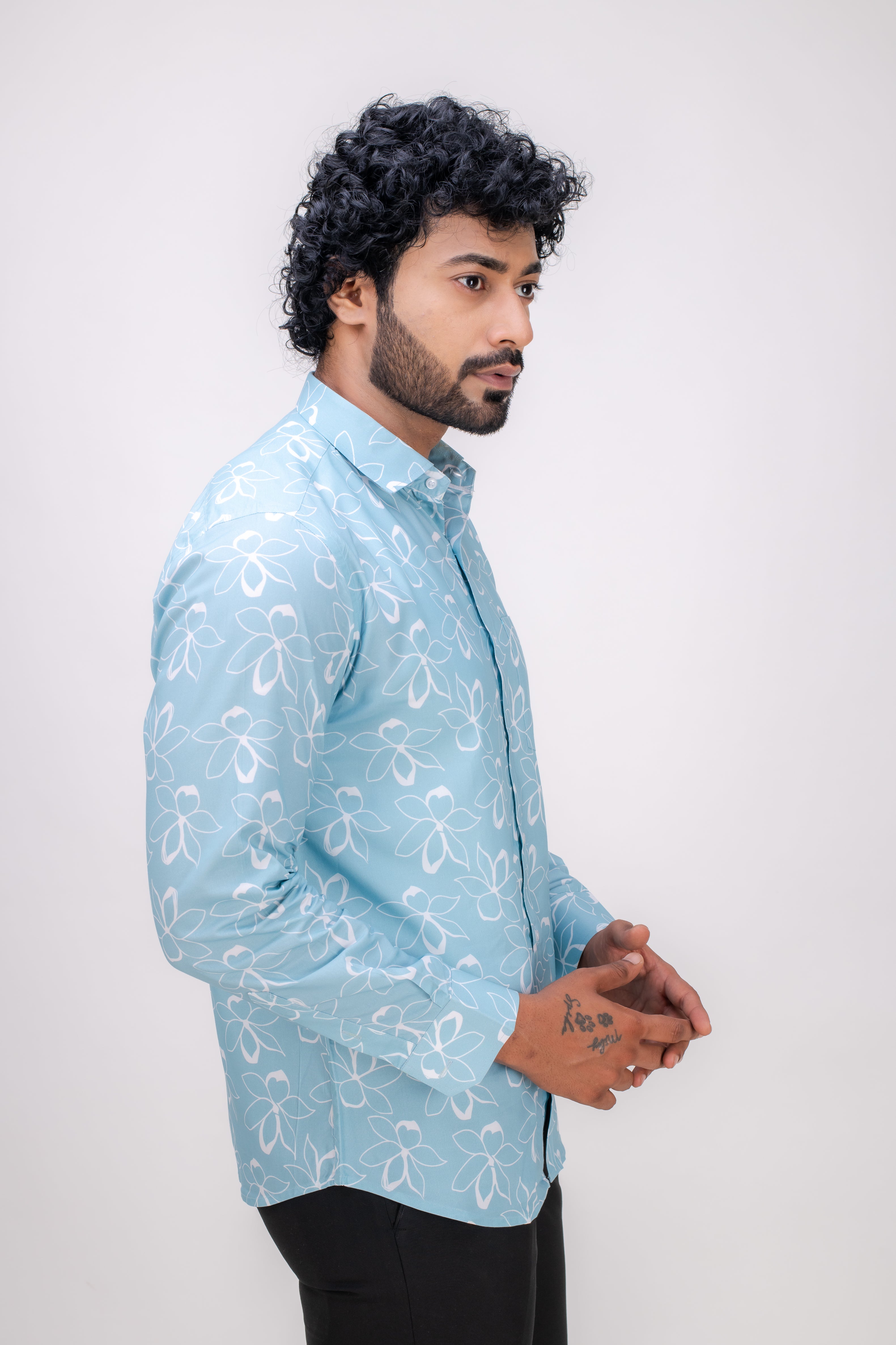 BLUE COTTON FLORAL PRINT SHIRT