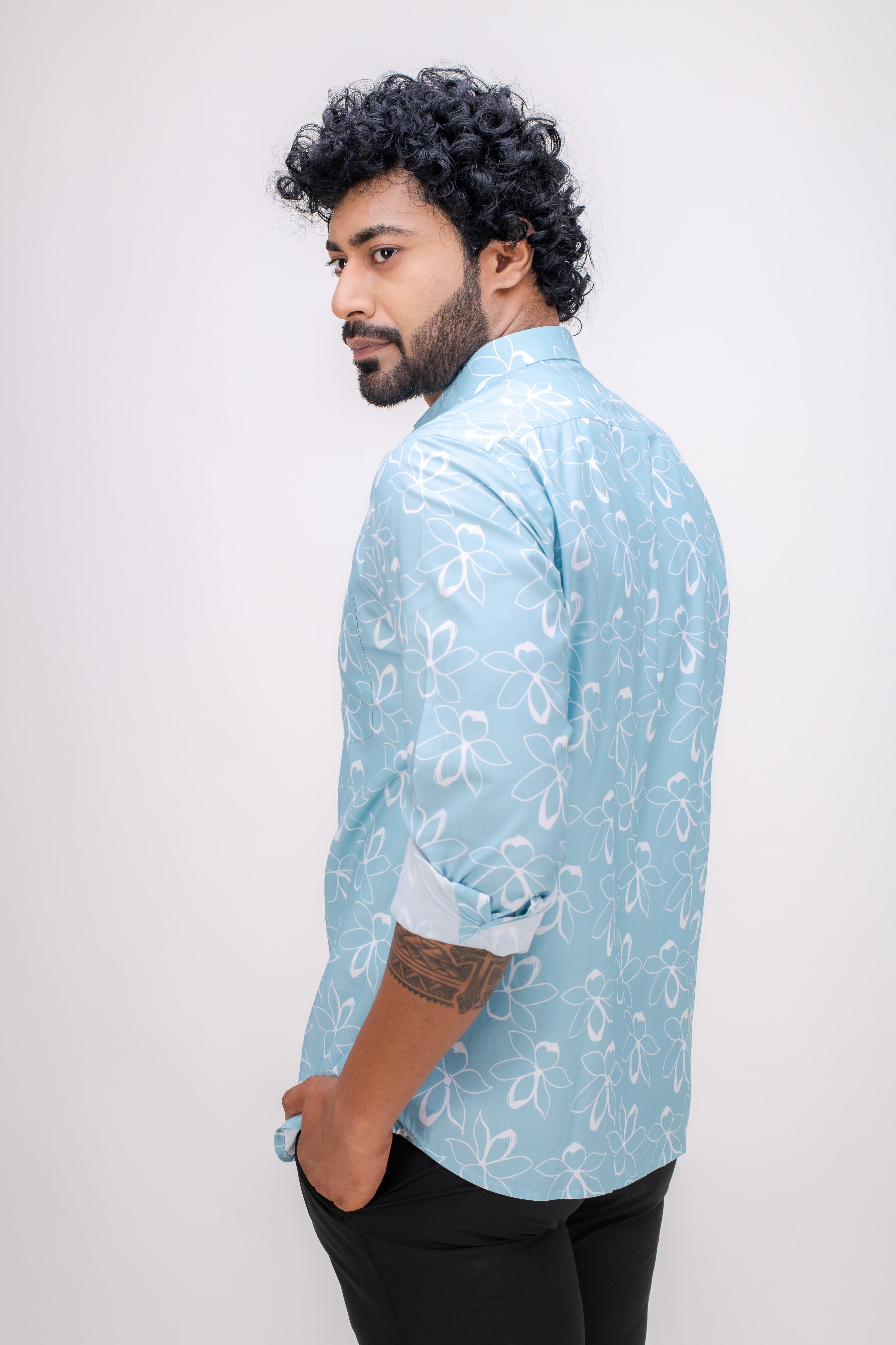 BLUE COTTON FLORAL PRINT SHIRT