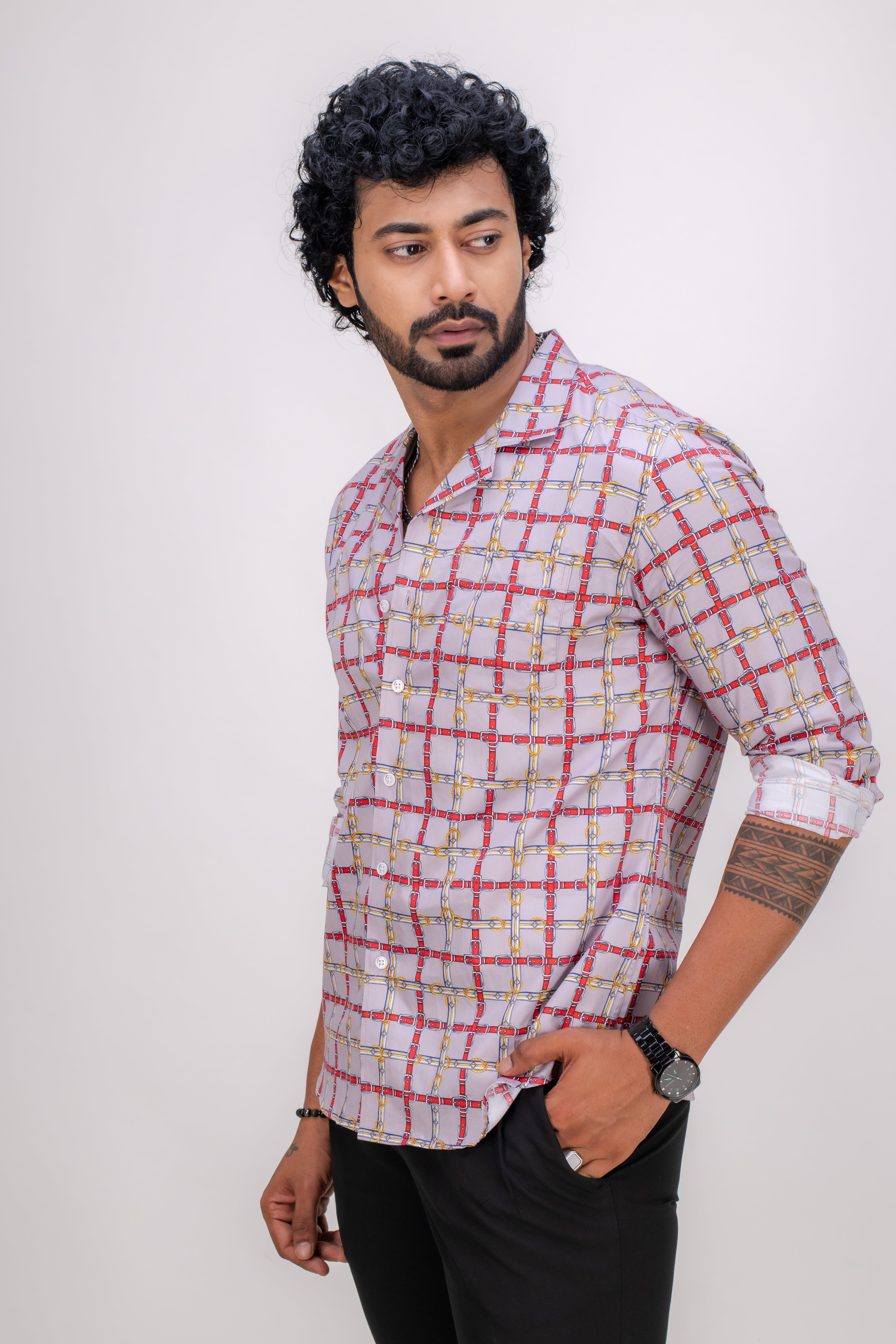GREY COTTON ABSTRACT PRINT SHIRT