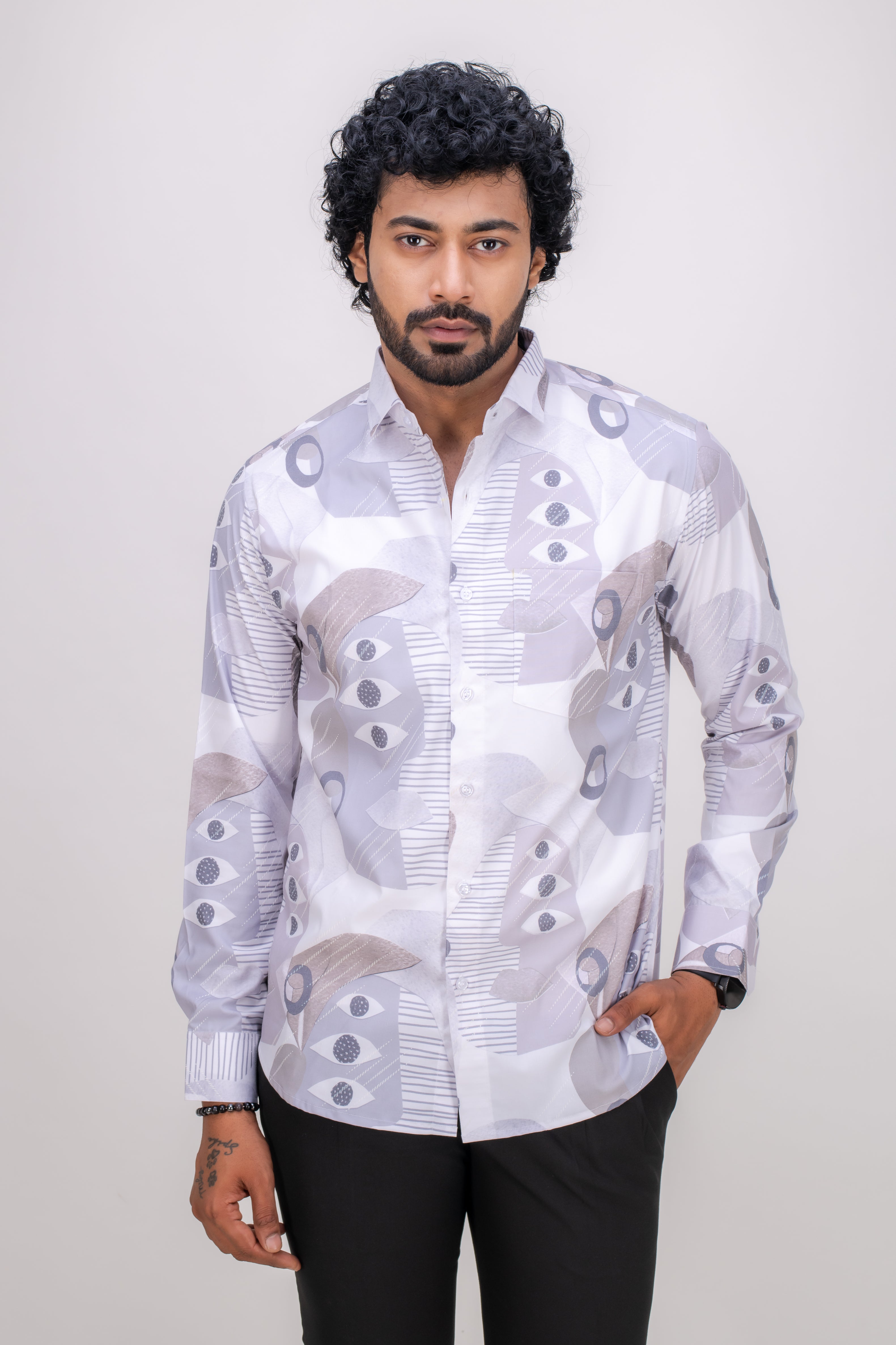 WHITE COTTON ABSTRACT PRINT SHIRT