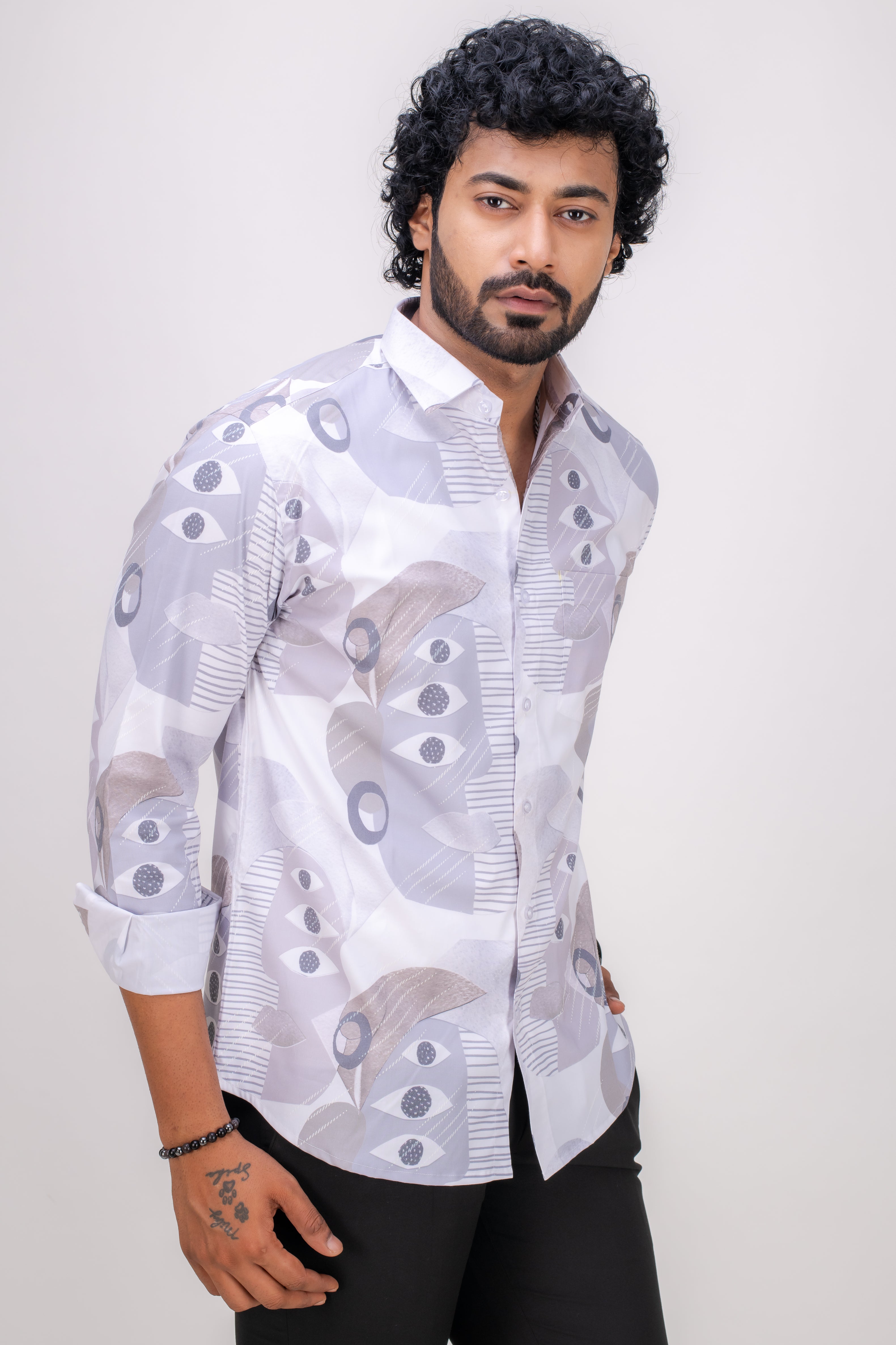 WHITE COTTON ABSTRACT PRINT SHIRT