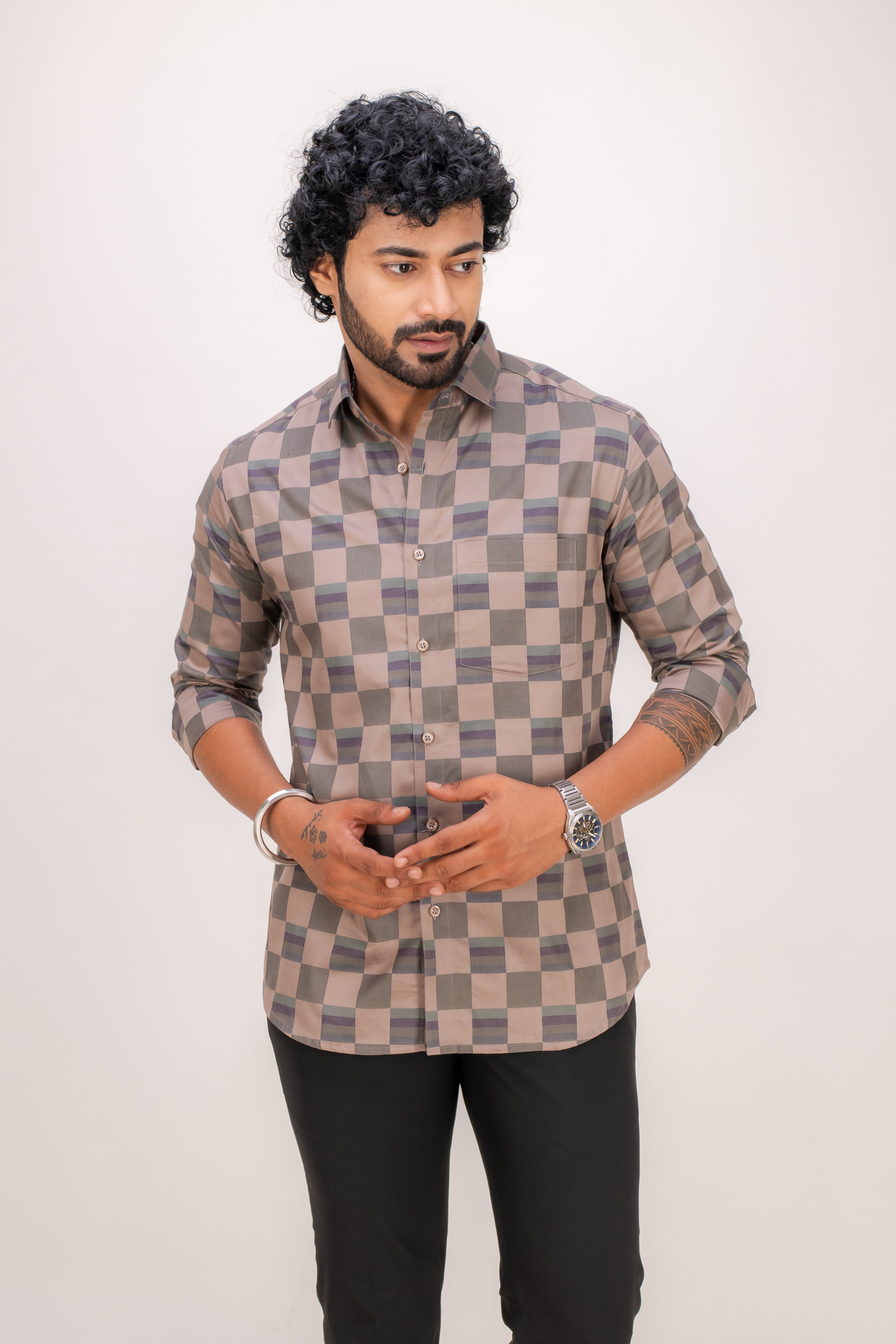 BROWN POPLIN CHECKS SHIRT