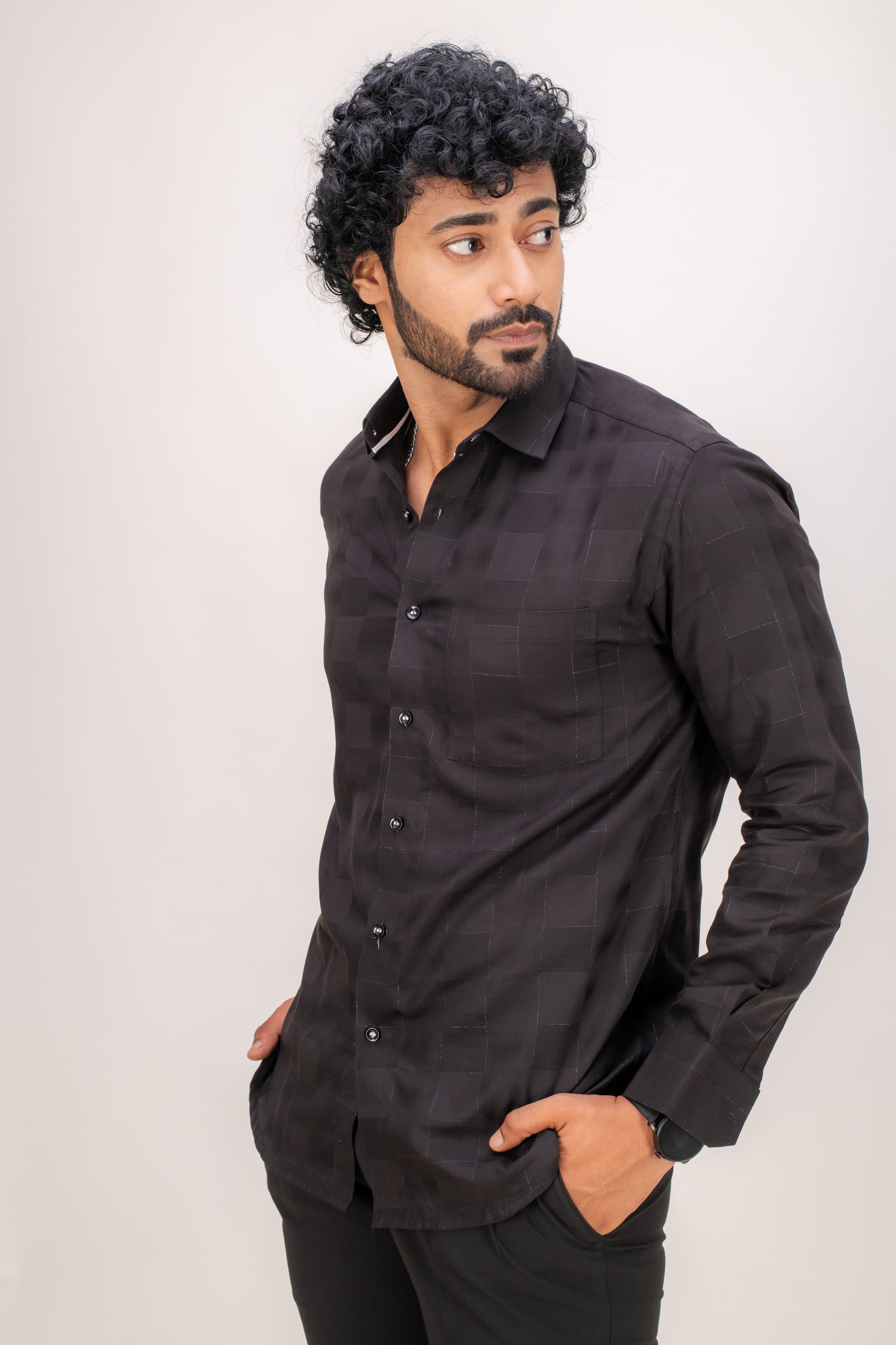 BLACK ZARI COTTON CHECKS SHIRT
