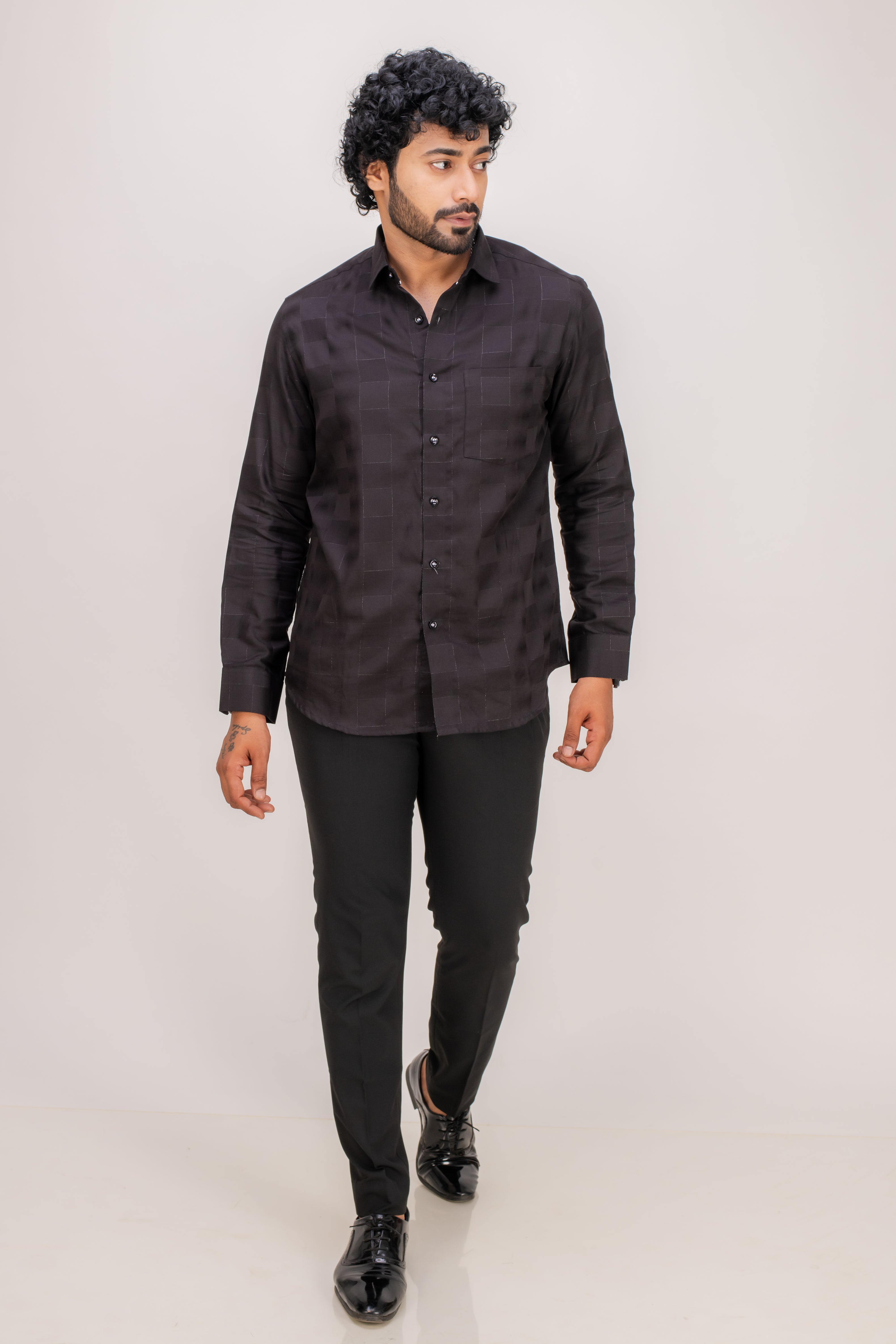 BLACK ZARI COTTON CHECKS SHIRT
