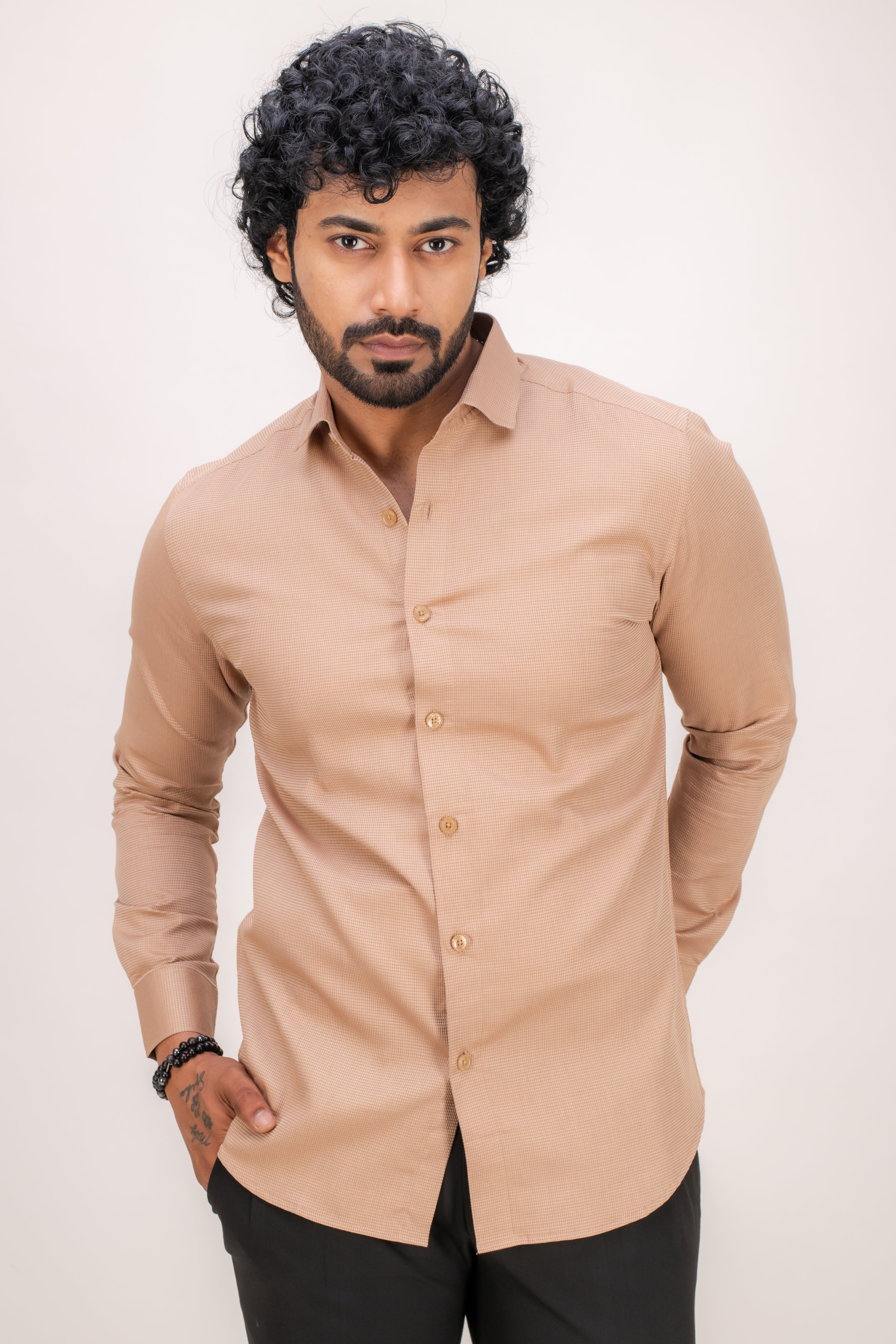 BEIGE COTTON BIRDS EYE SHIRT