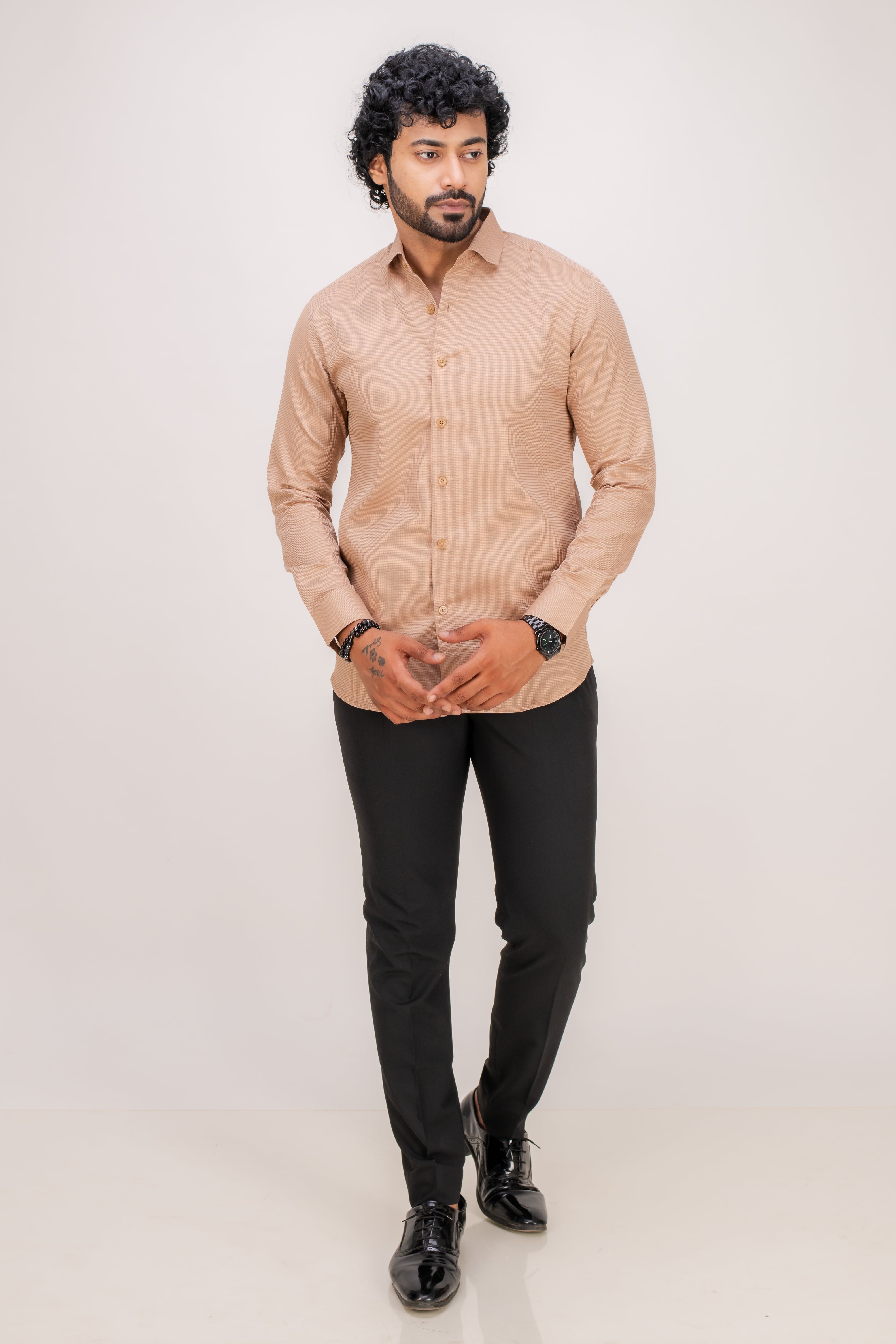 BEIGE COTTON BIRDS EYE SHIRT