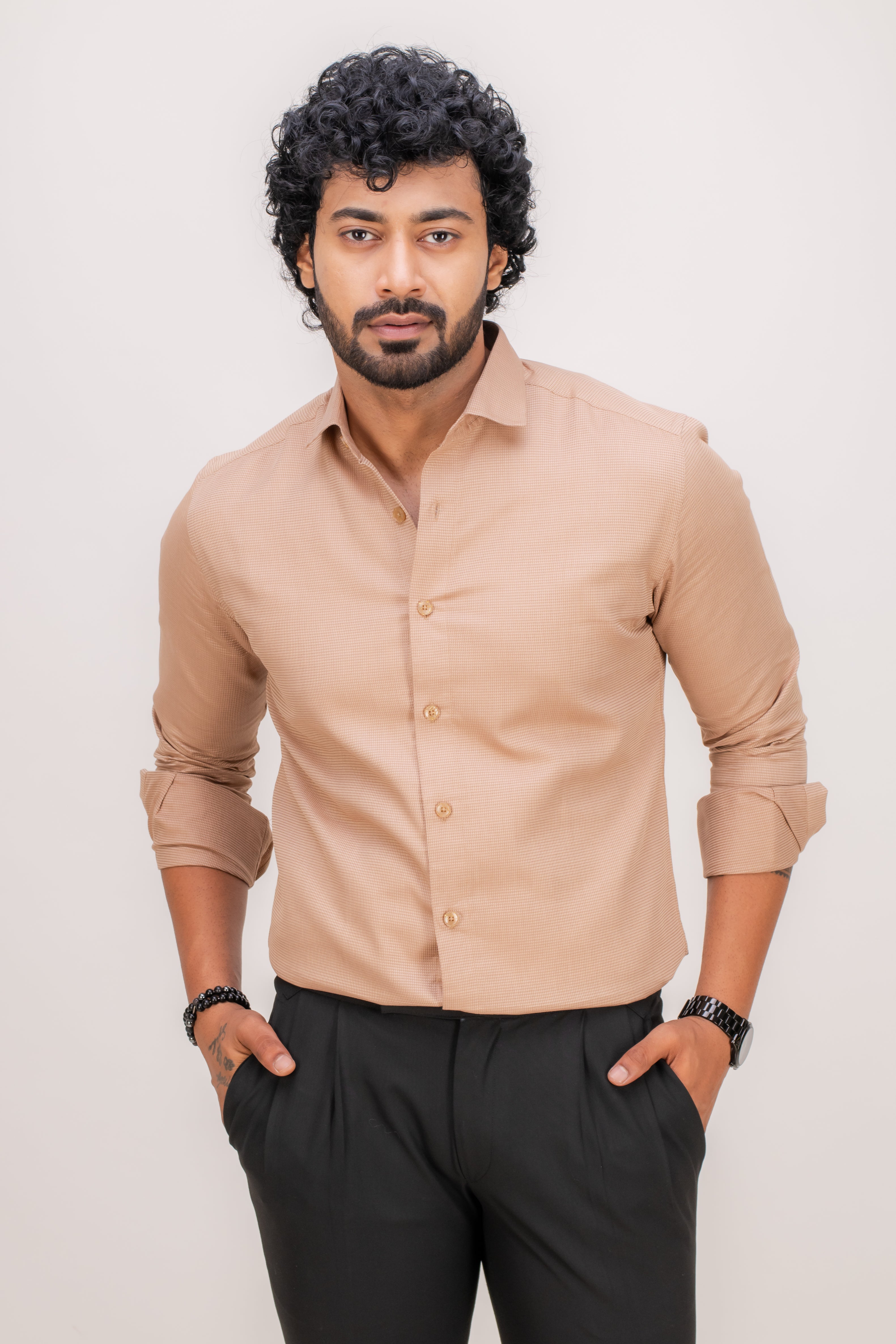 BEIGE COTTON BIRDS EYE SHIRT