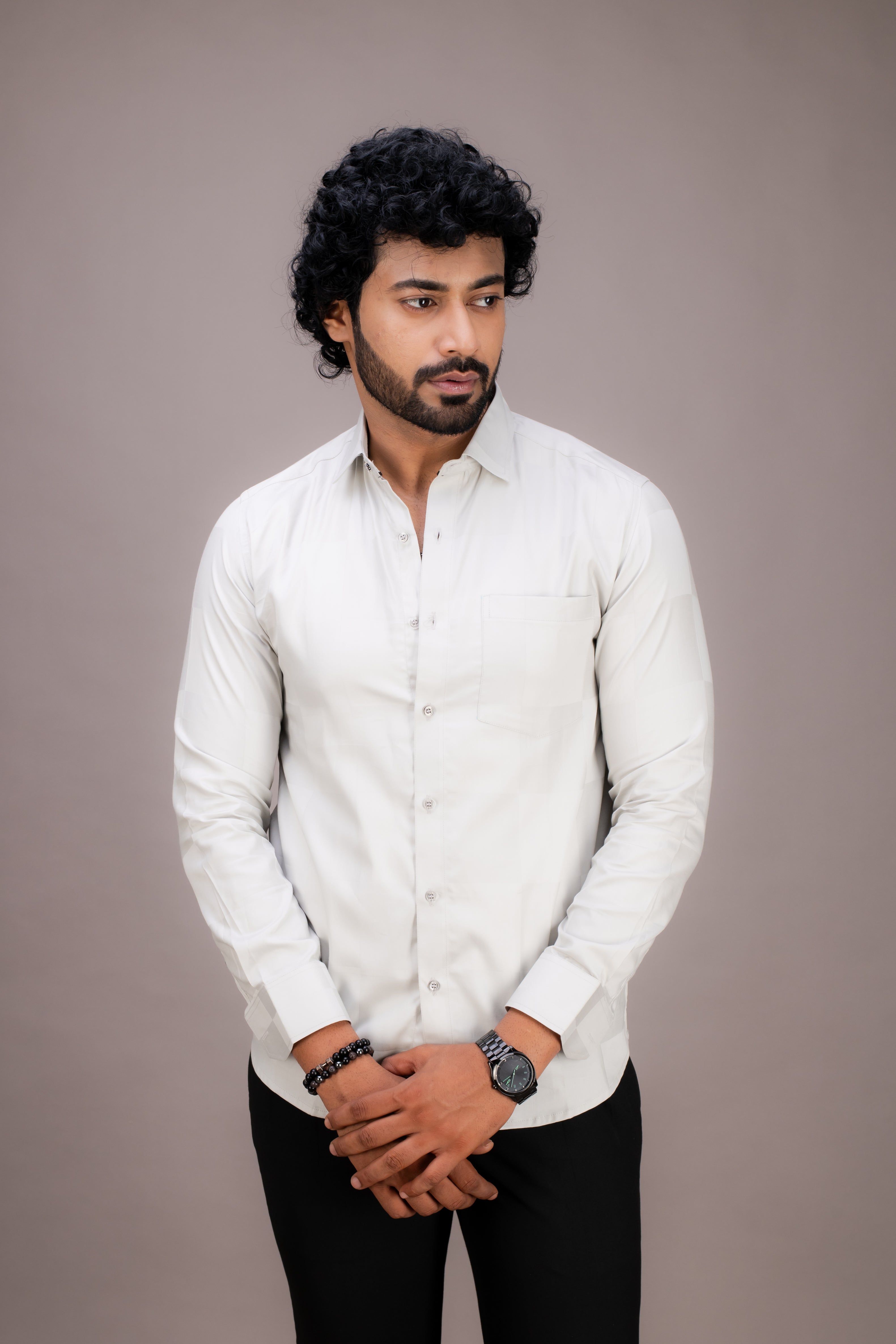 GREY SELF CHECKS GIZA COTTON SHIRT