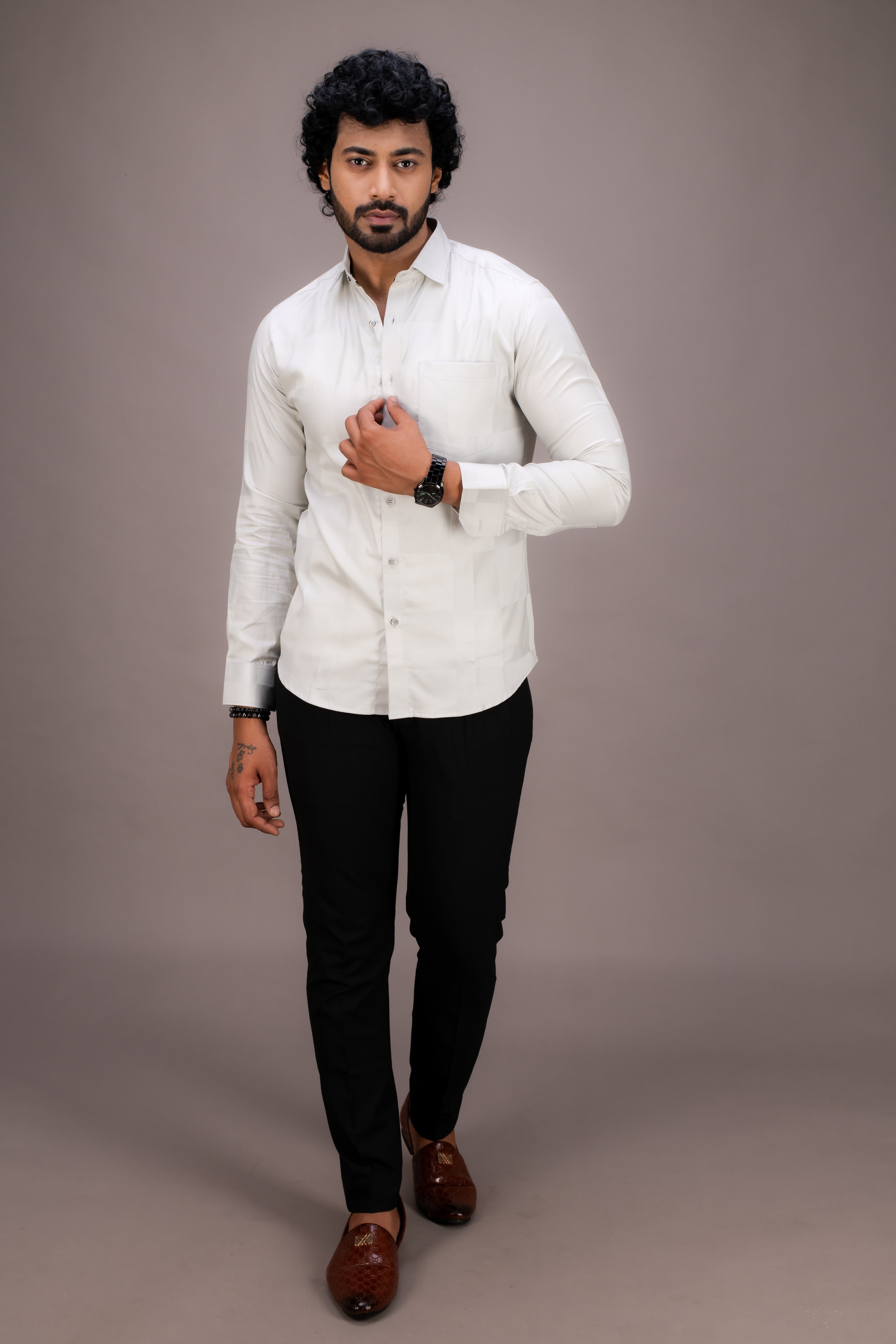 GREY SELF CHECKS GIZA COTTON SHIRT