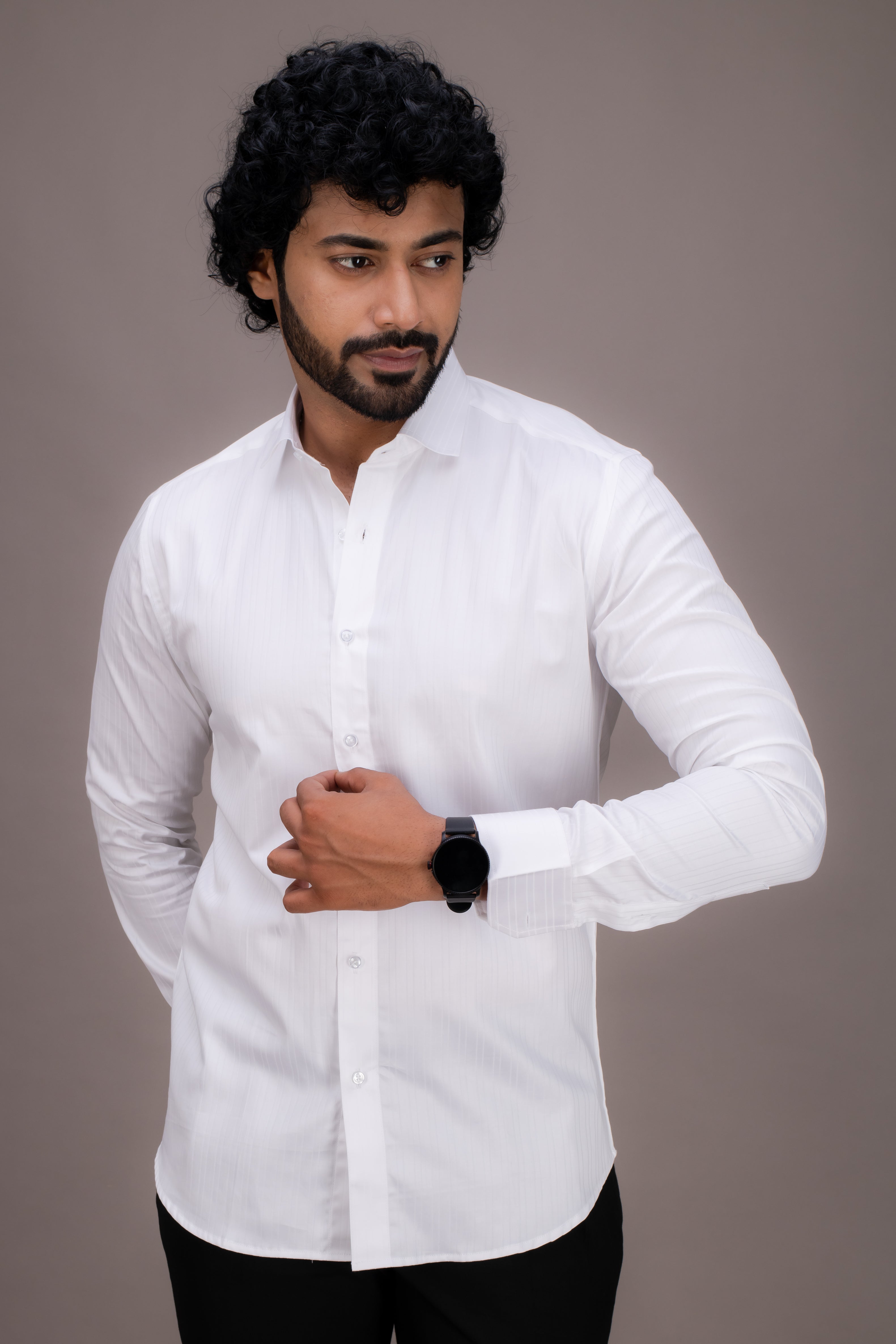 WHITE SELF STRIPES COTTON SHIRT