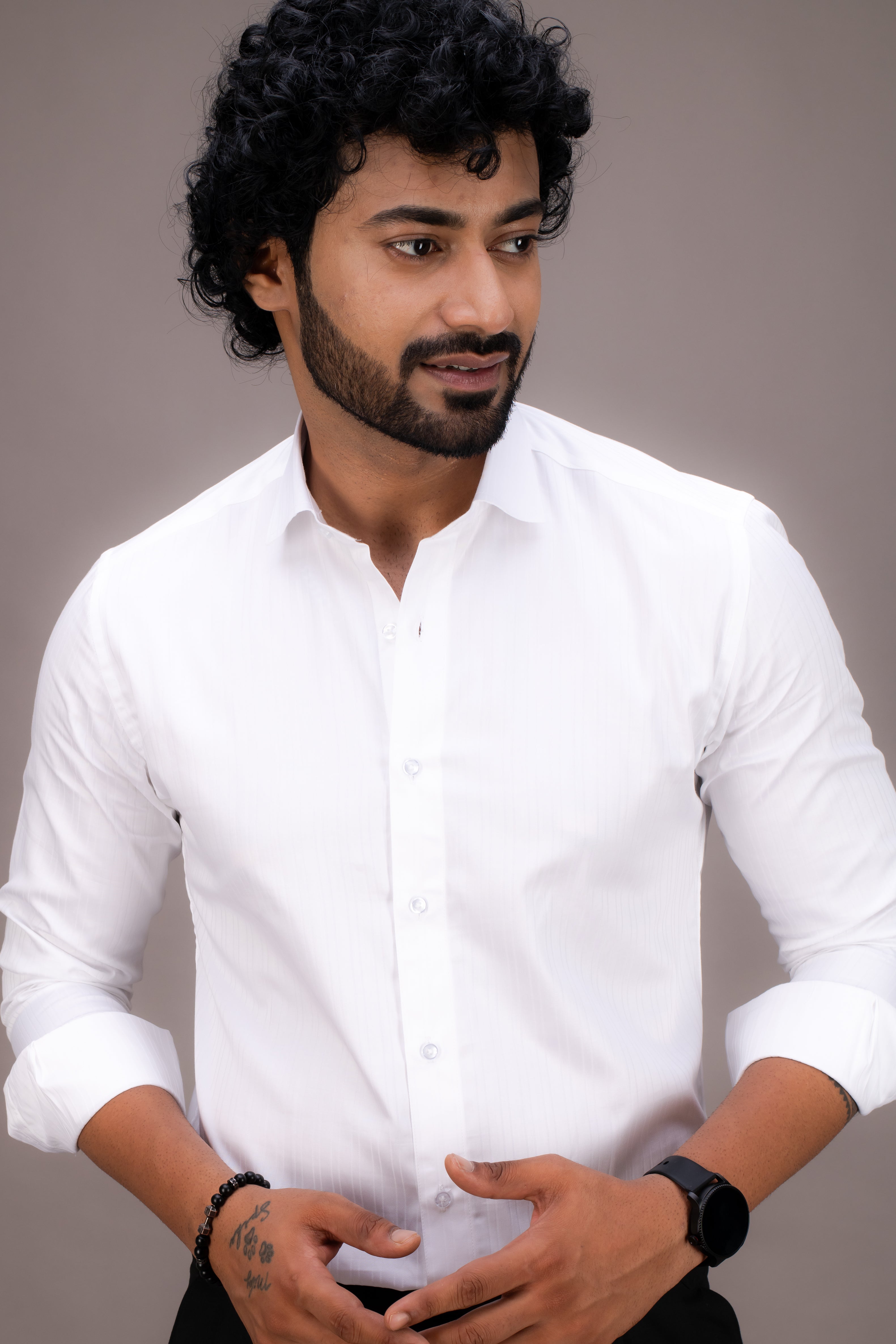 WHITE SELF STRIPES COTTON SHIRT