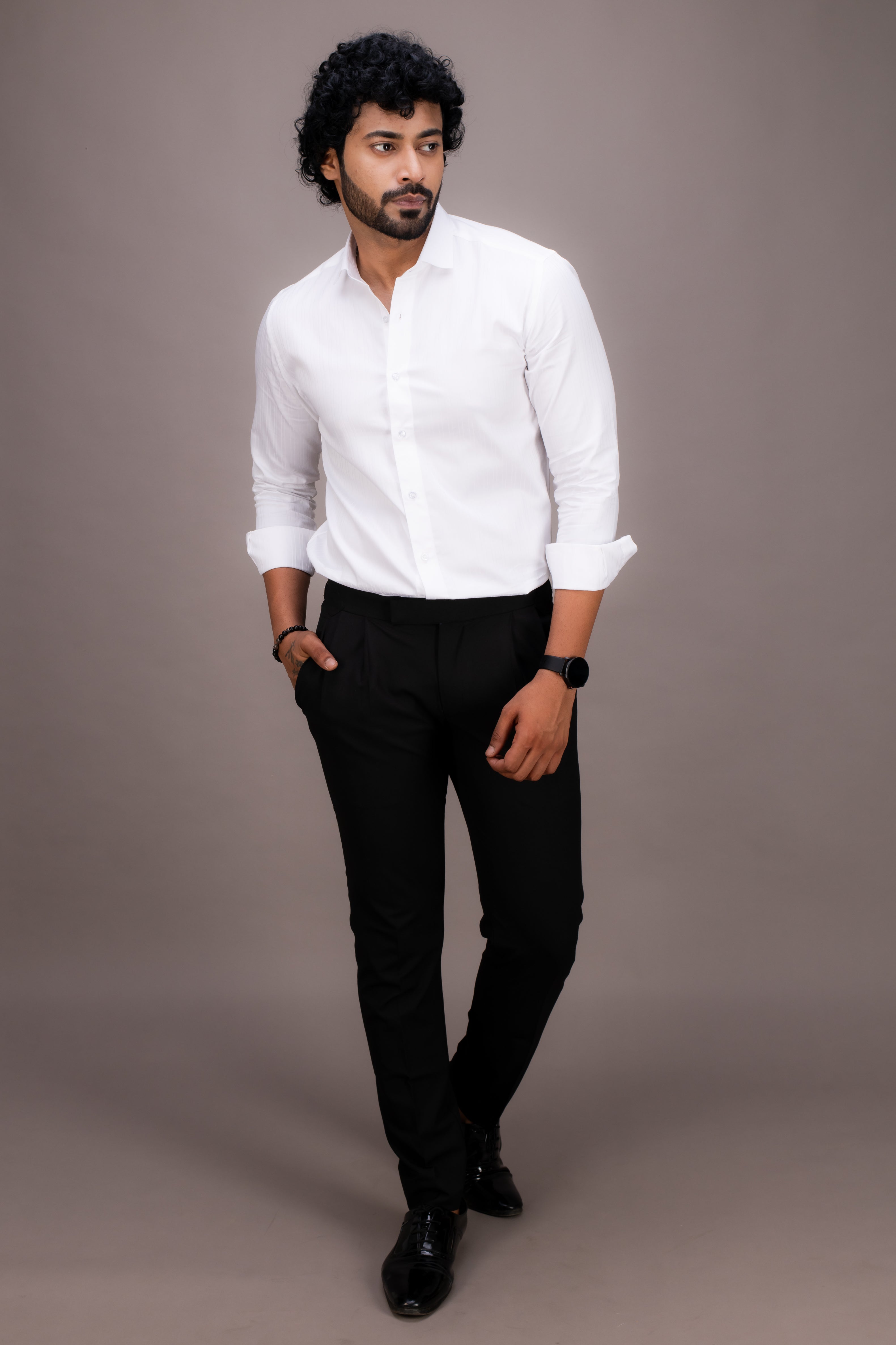 WHITE SELF STRIPES COTTON SHIRT