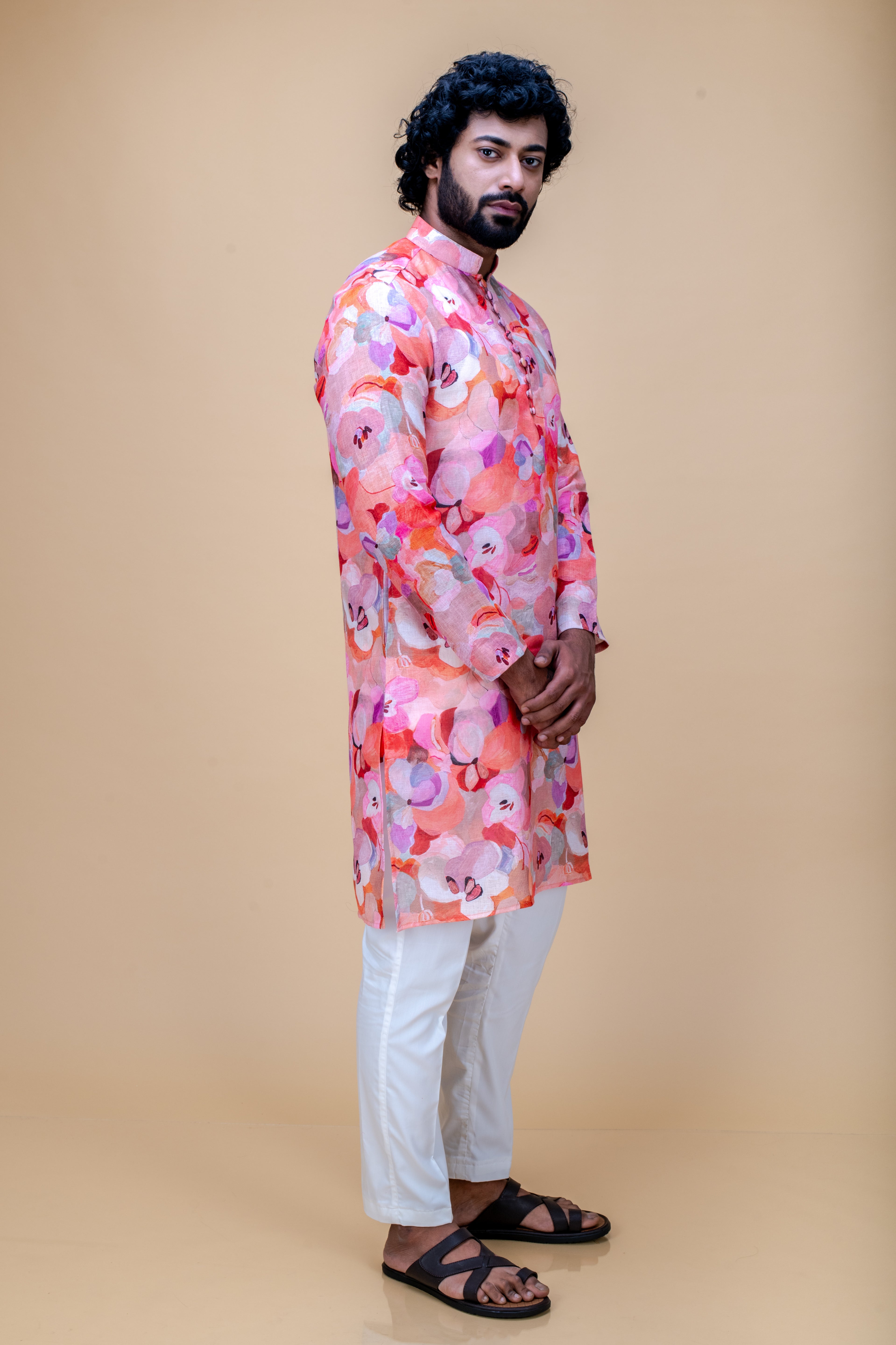 Peach pink cotton linen printed kurta set