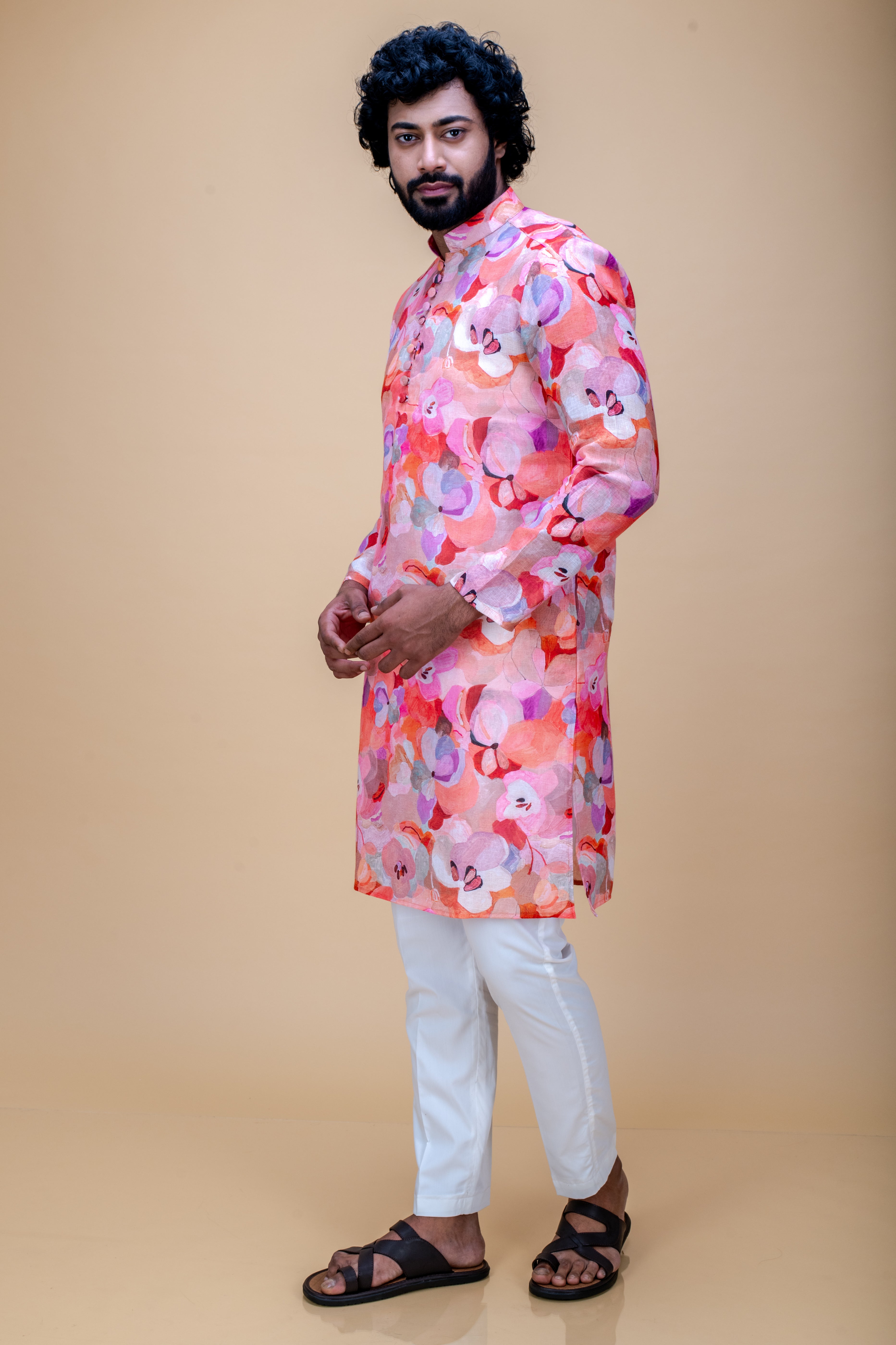 Peach pink cotton linen printed kurta set