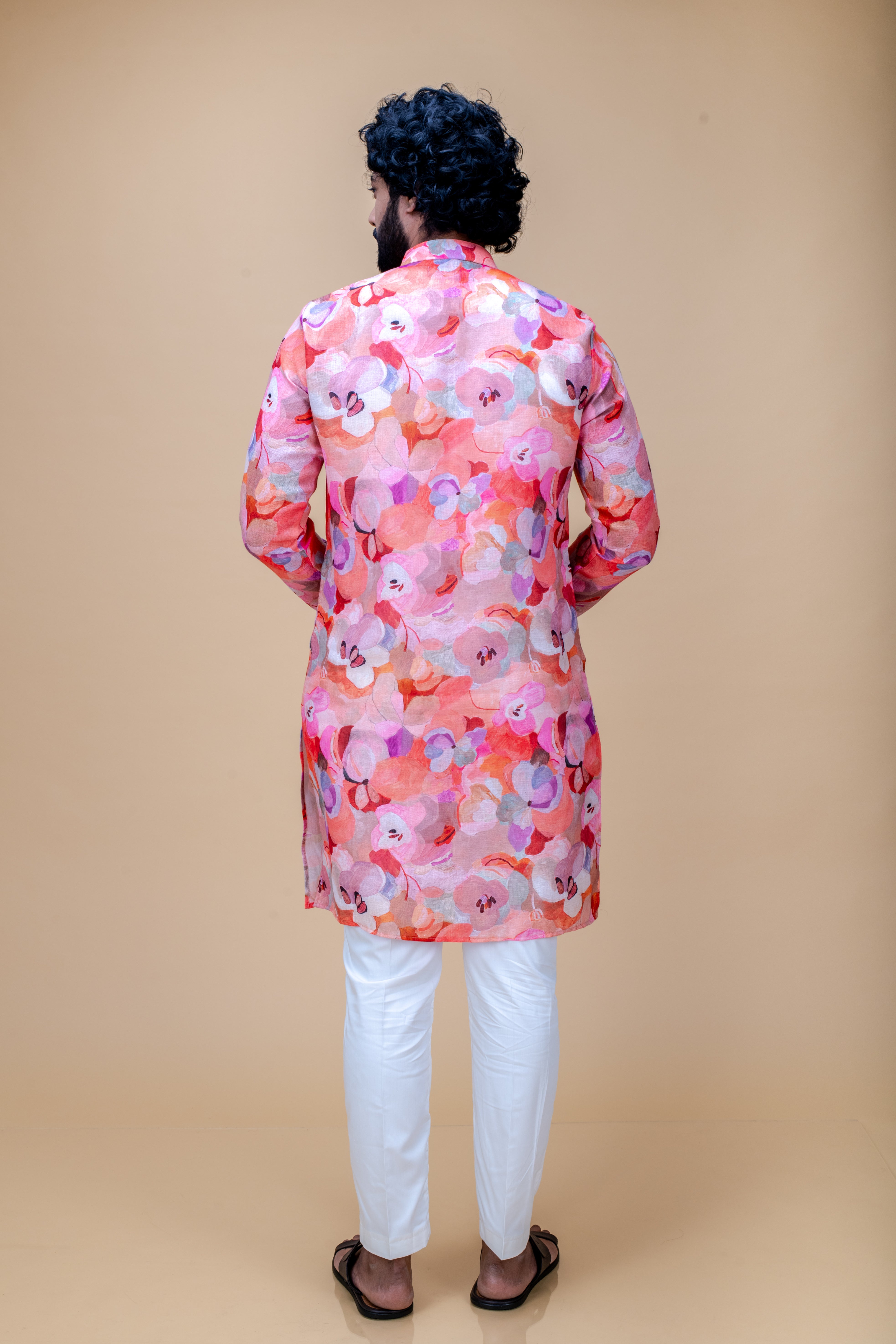Peach pink cotton linen printed kurta set