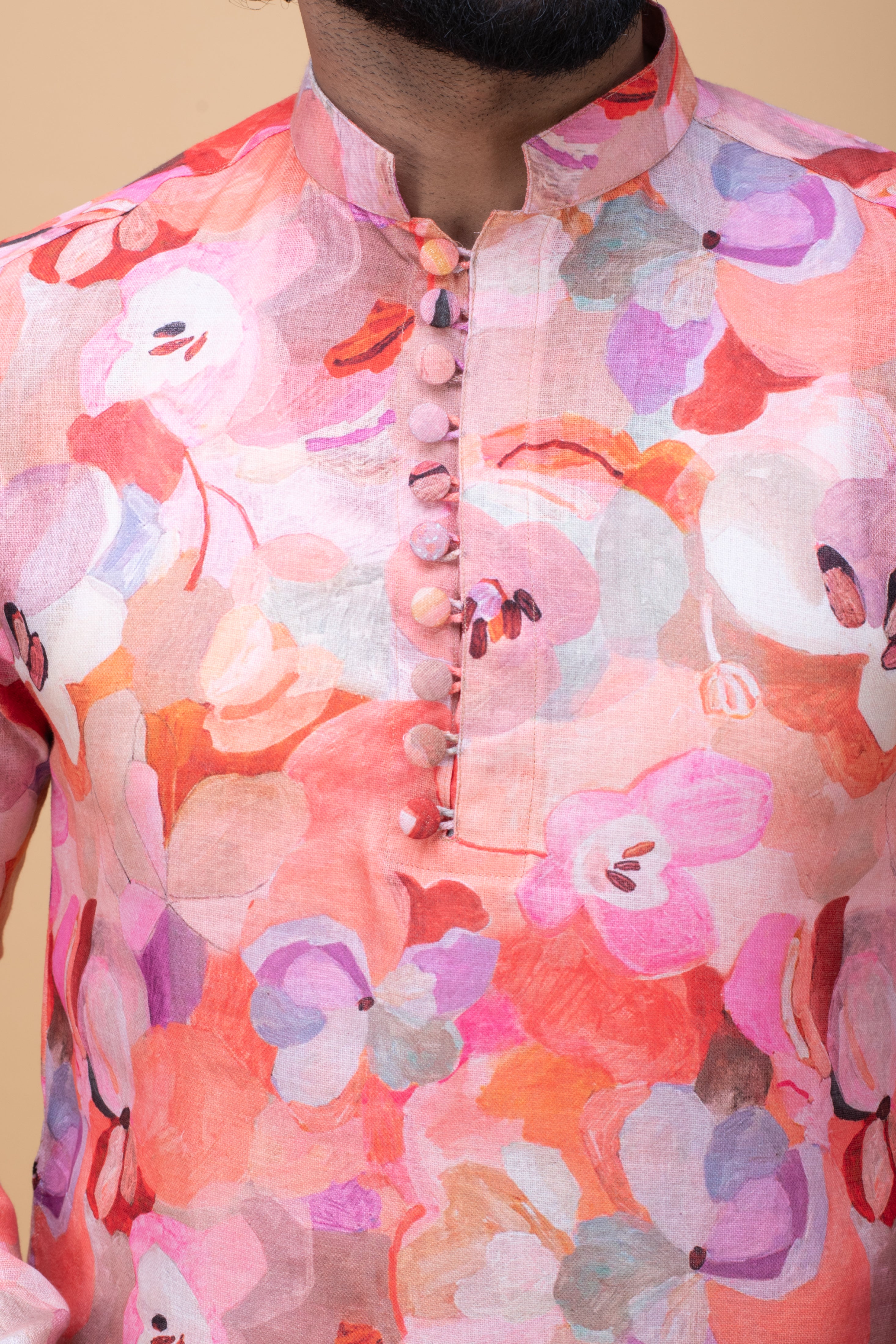 Peach pink cotton linen printed kurta set