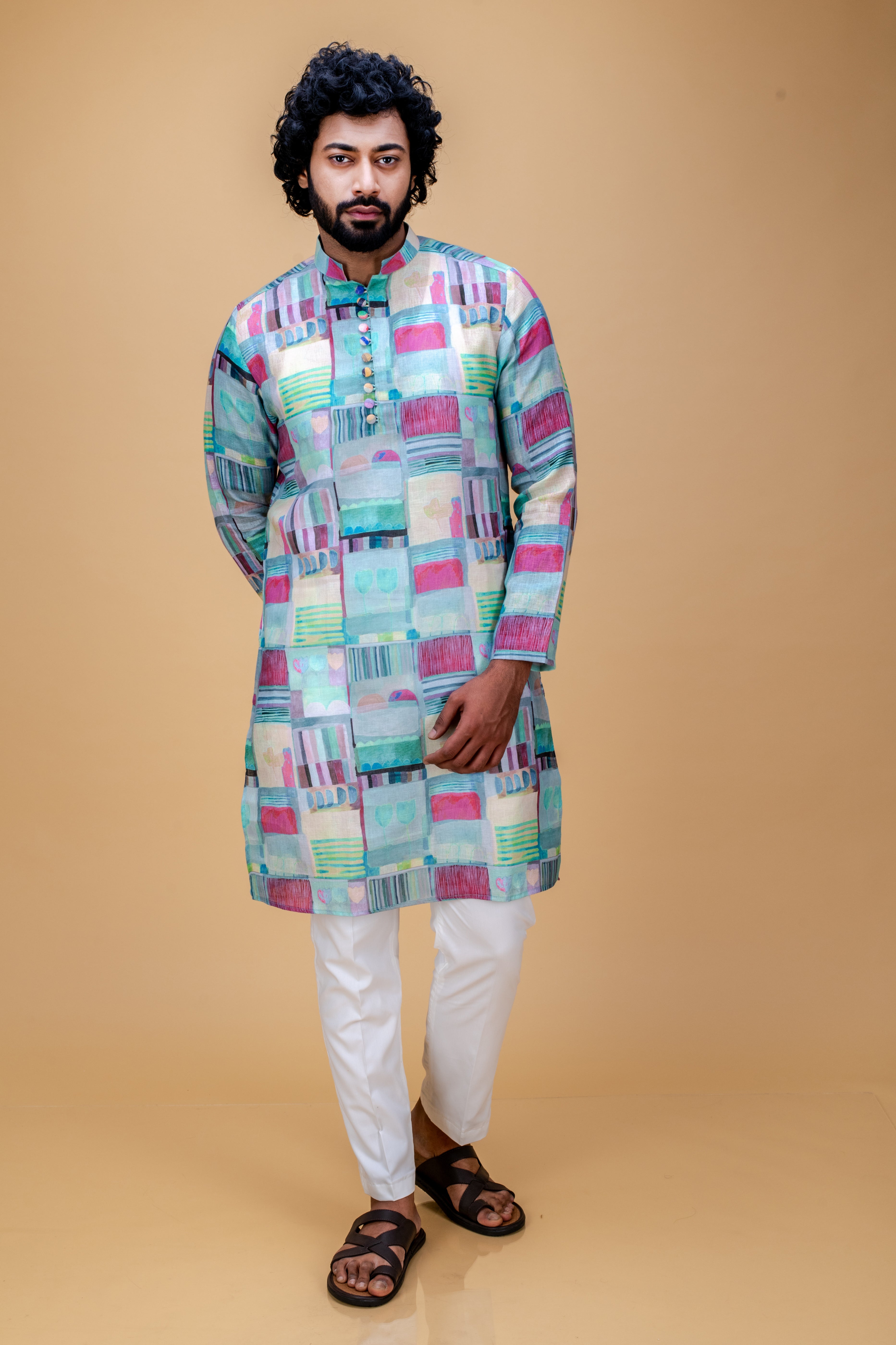 Green cotton linen printed kurta set