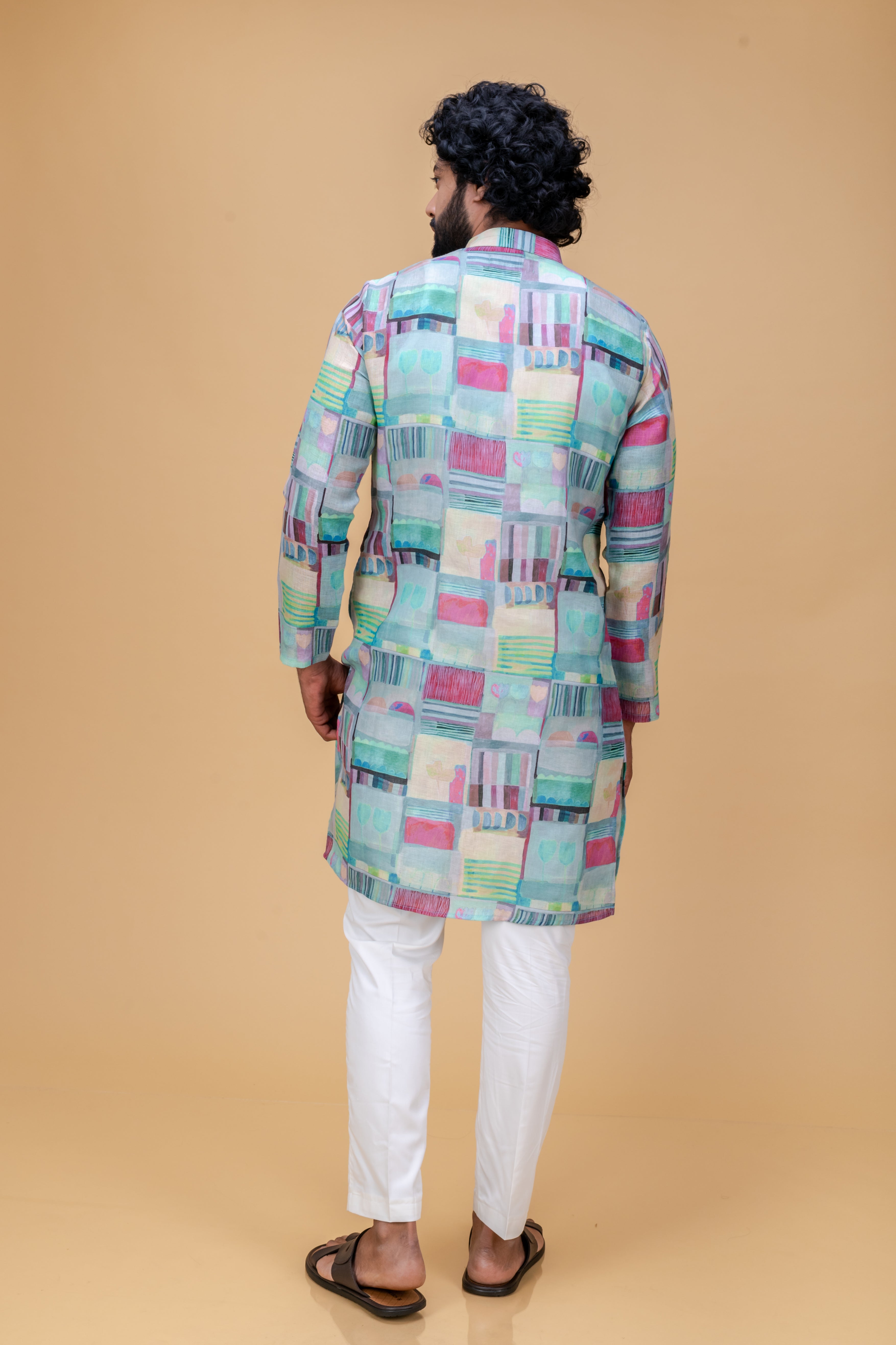Green cotton linen printed kurta set
