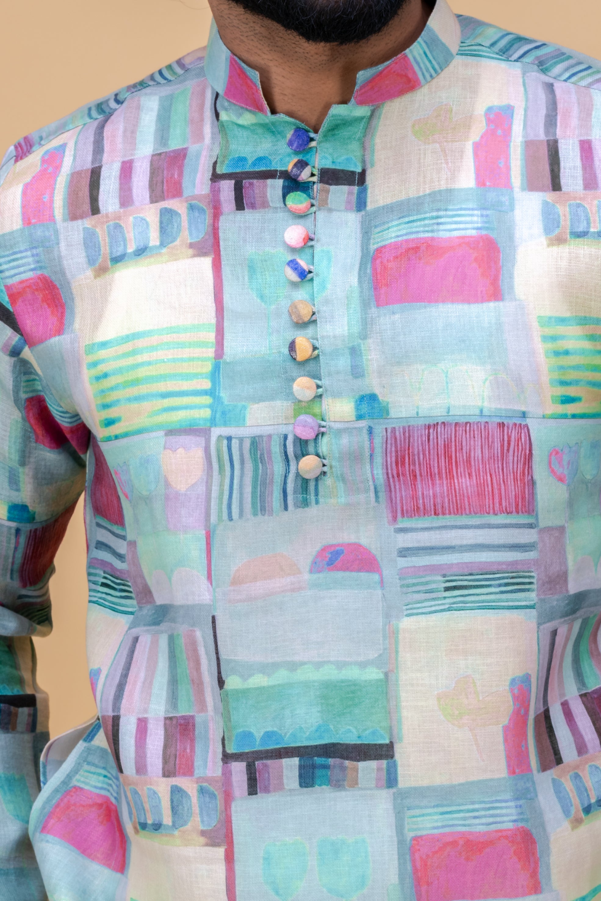 Green cotton linen printed kurta set