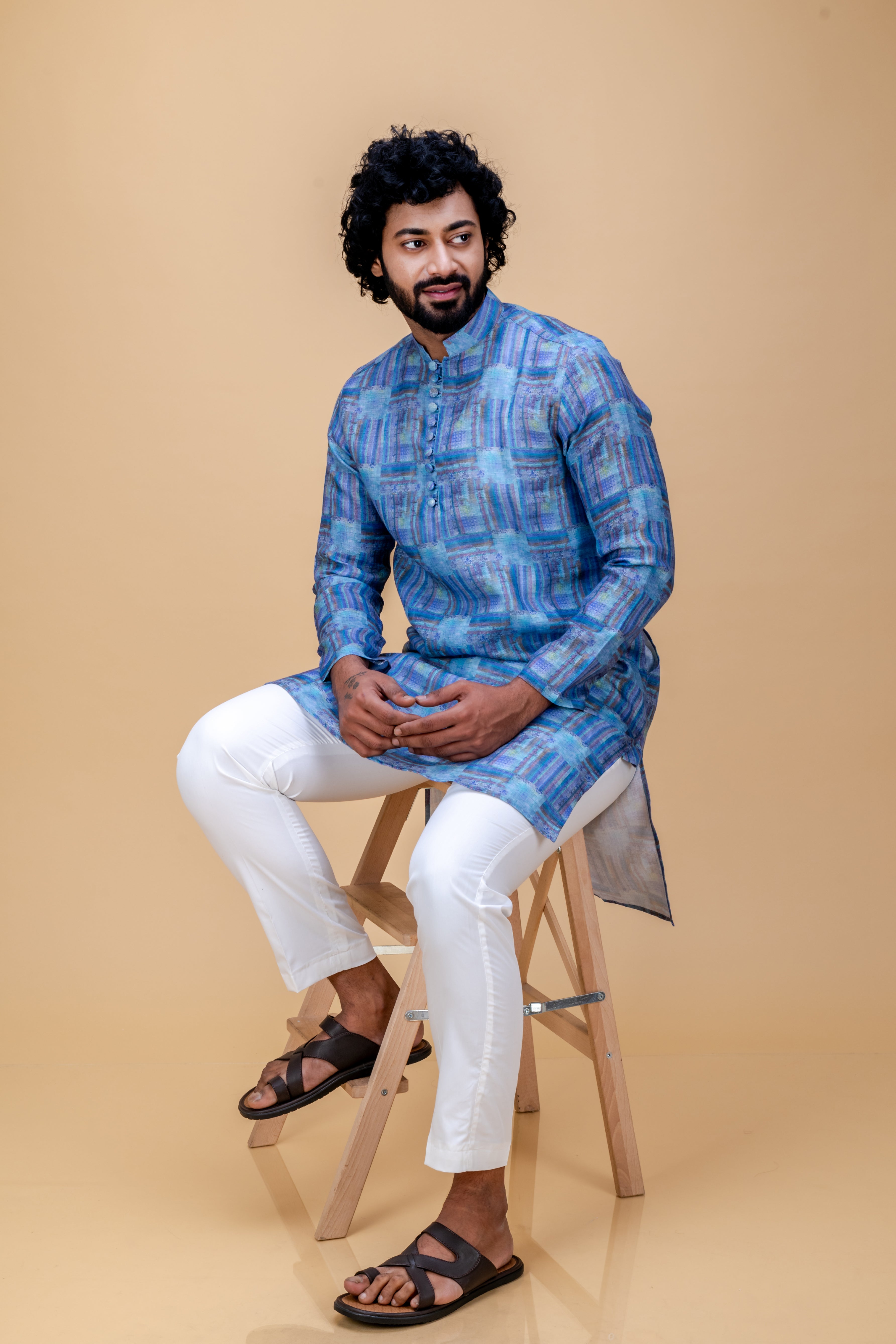 Blue cotton linen printed kurta set