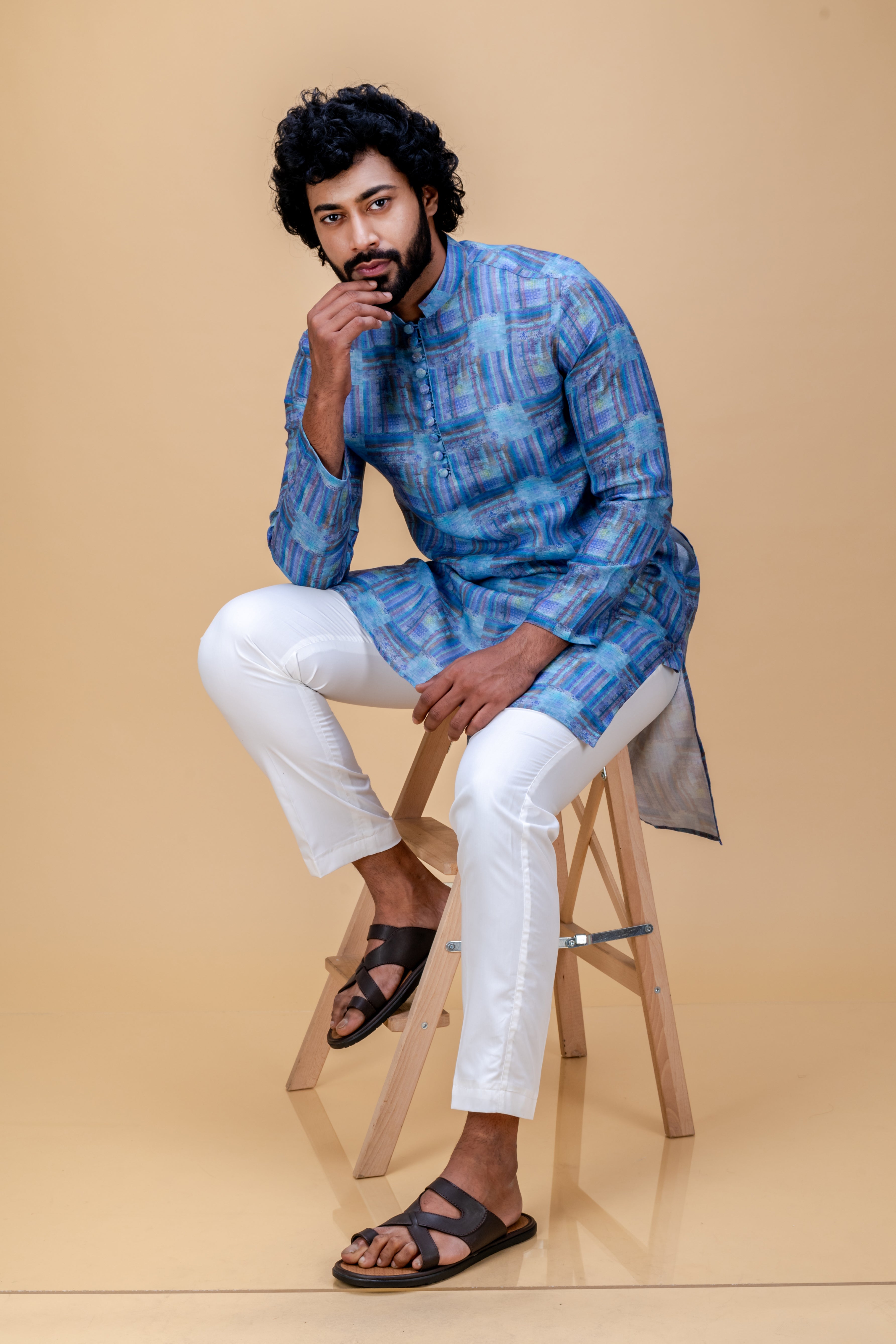 Blue cotton linen printed kurta set