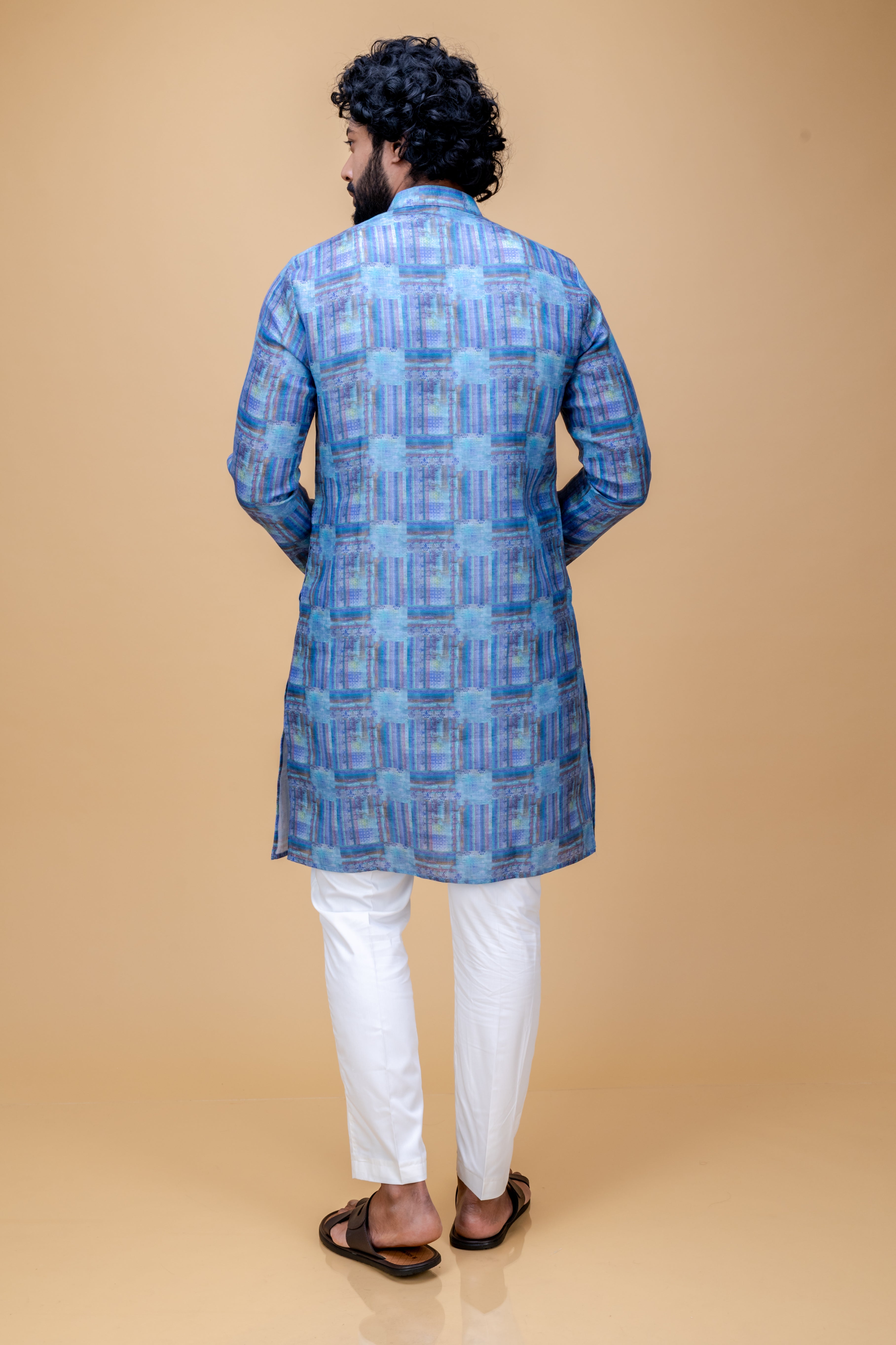 Blue cotton linen printed kurta set
