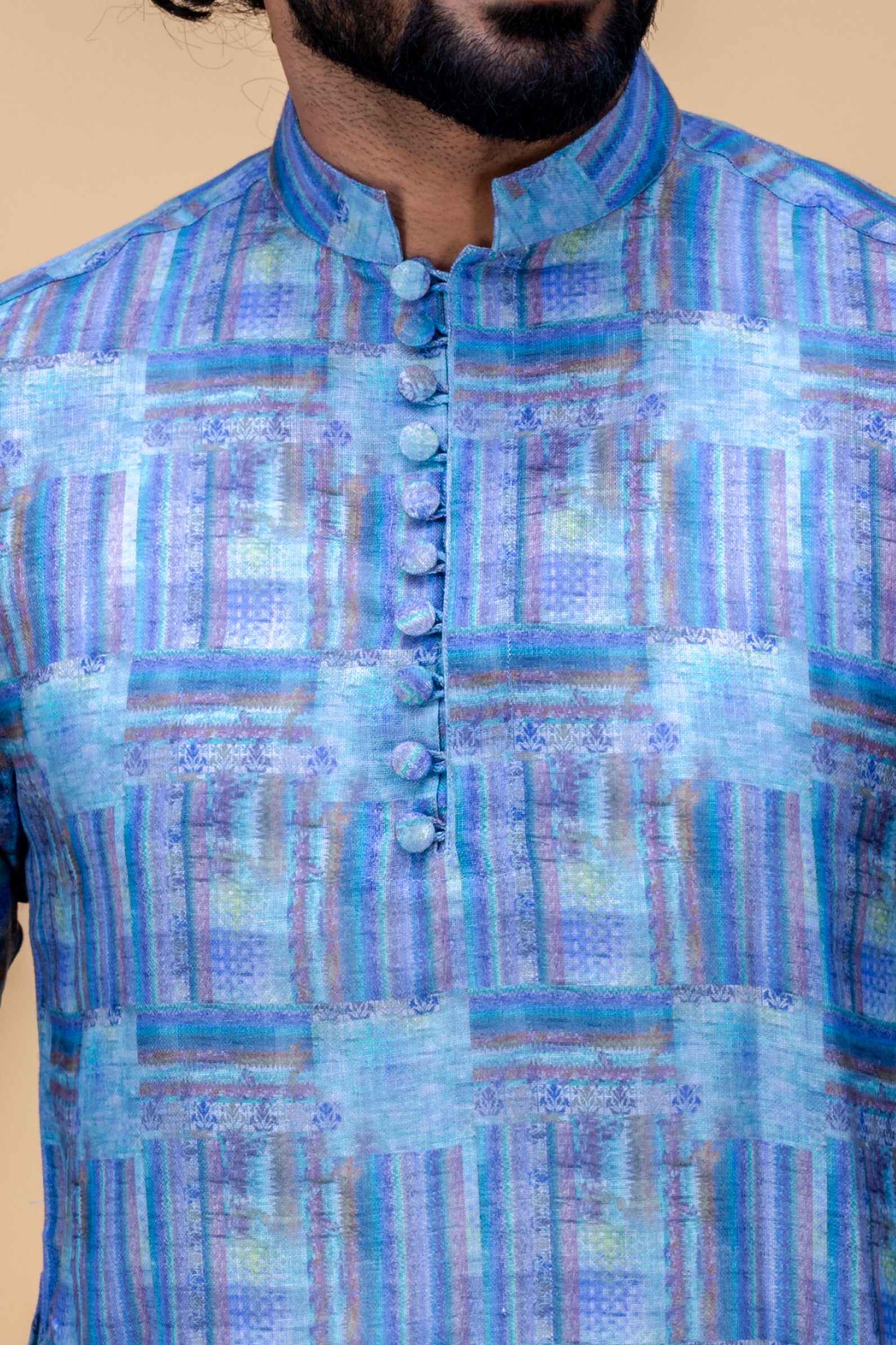 Blue cotton linen printed kurta set