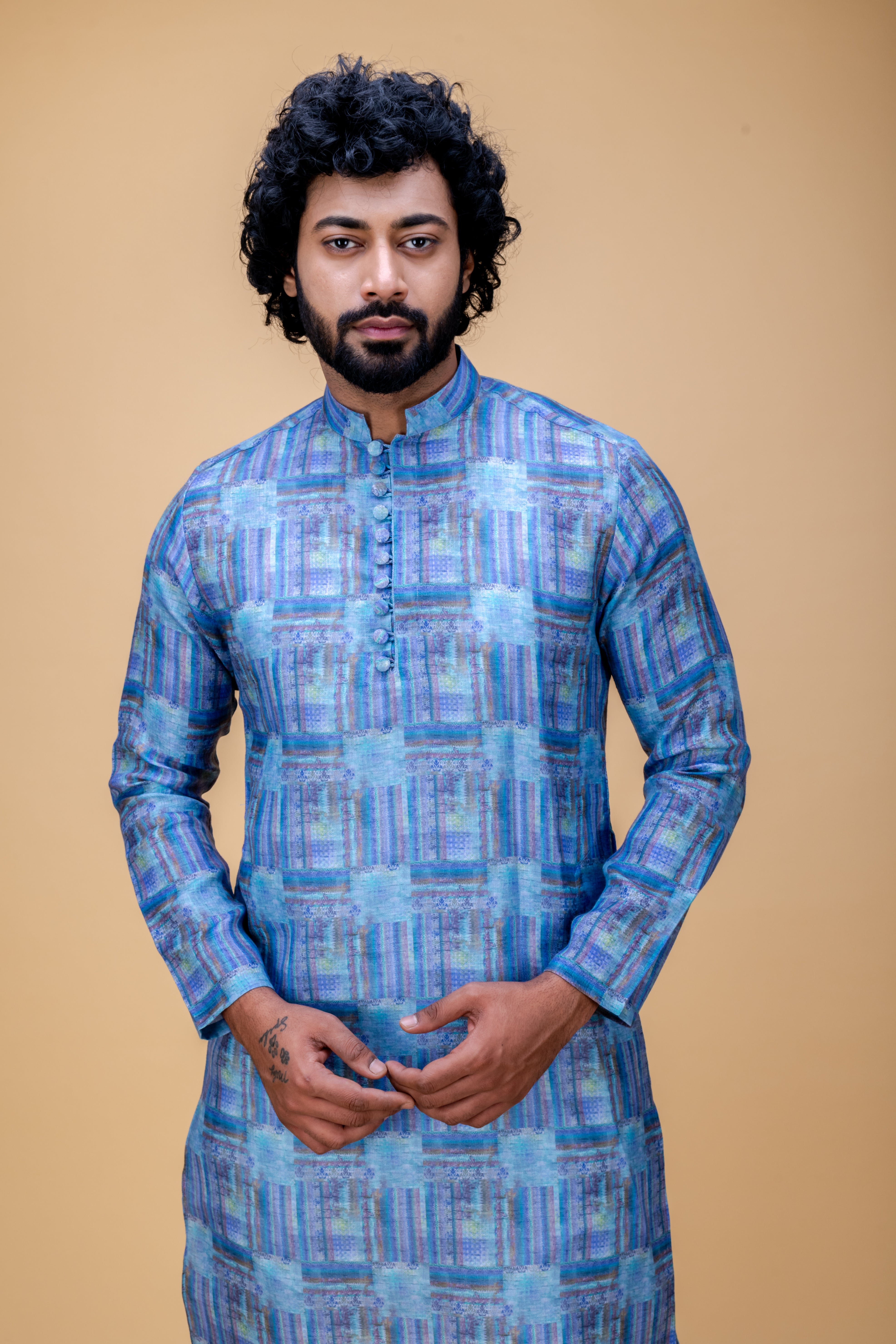 Blue cotton linen printed kurta set