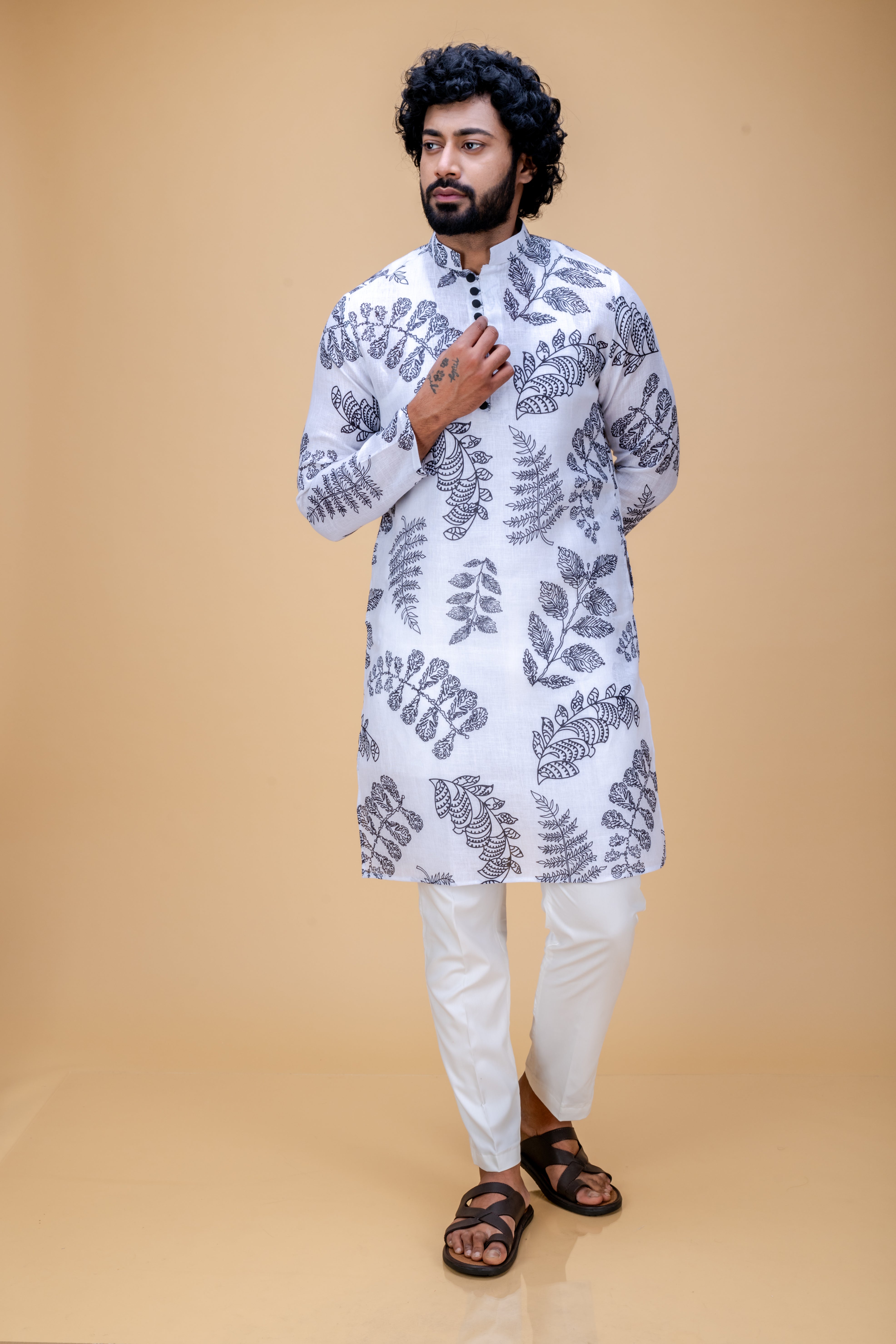 White leaves printed kurta