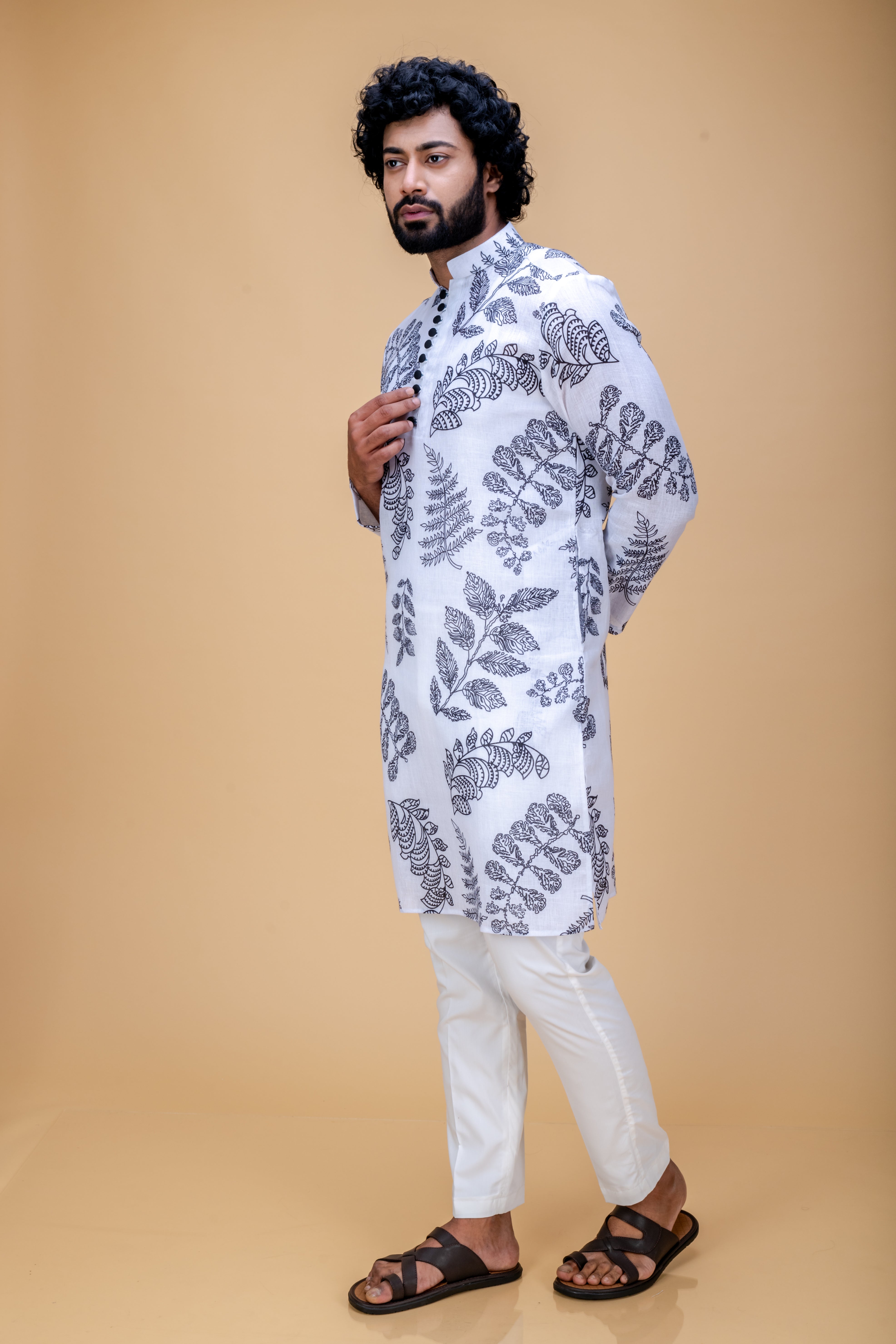 White leaves printed kurta