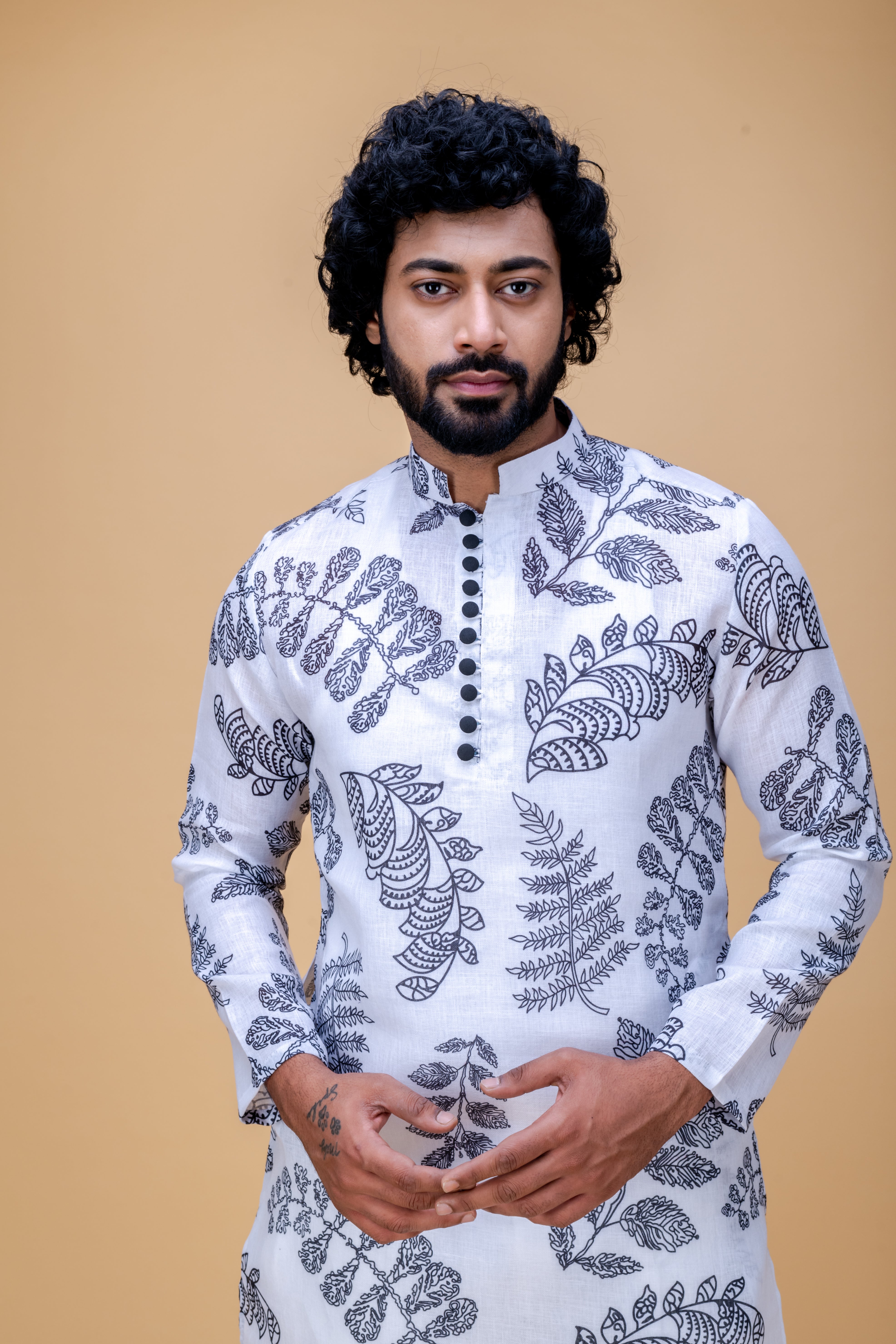 White leaves printed kurta