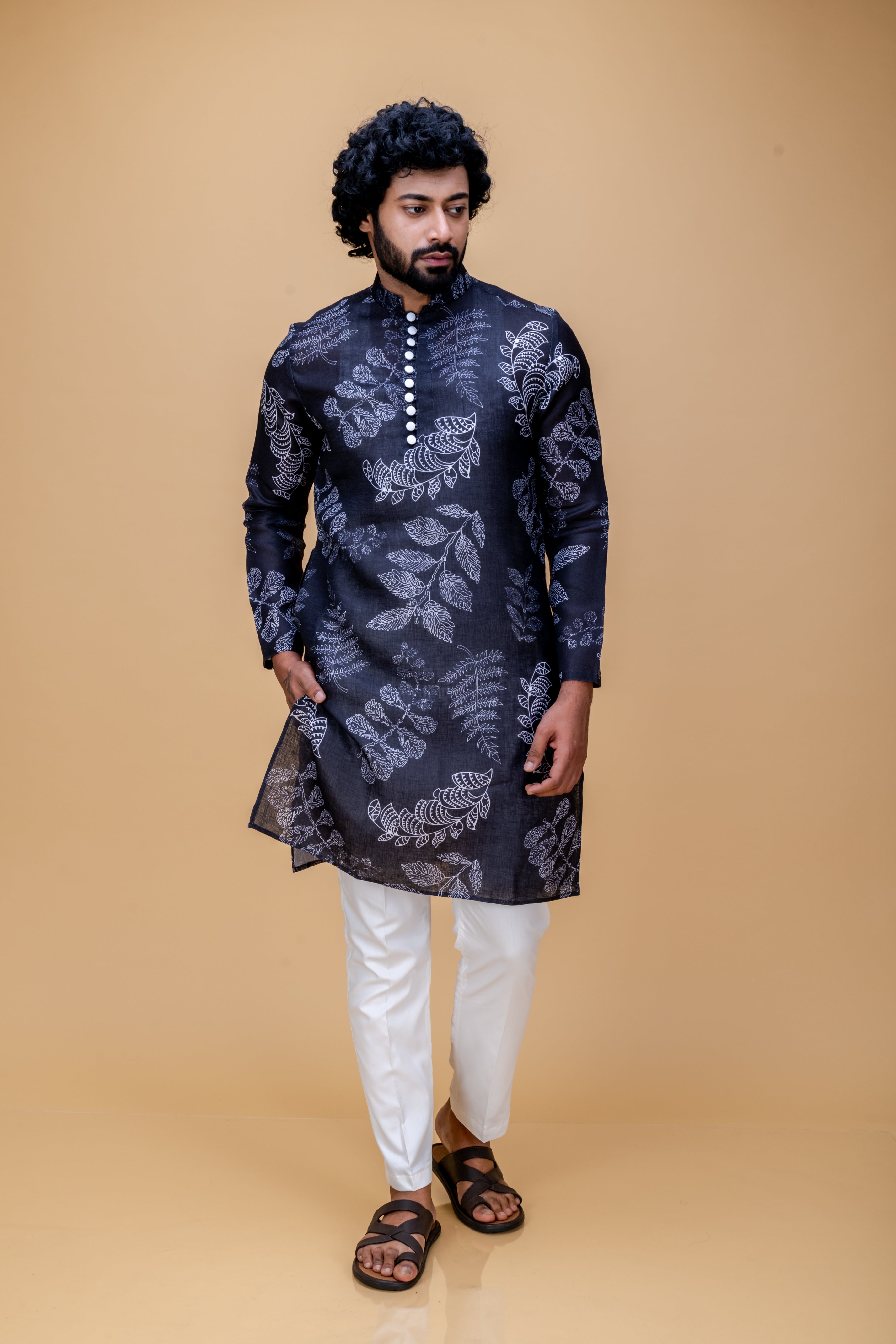 Black leaves printed kurta set