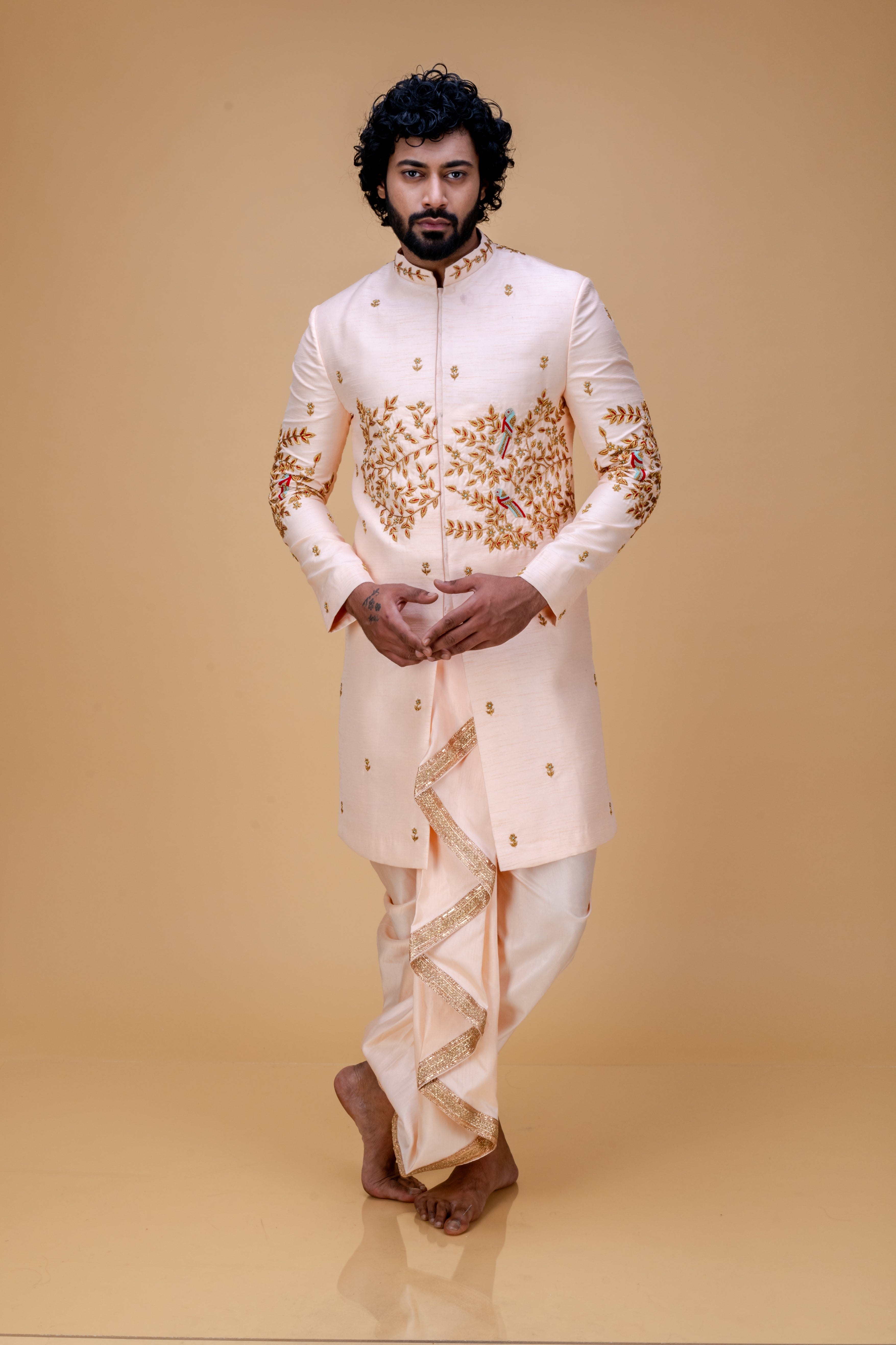 Peach handworked sherwani and dhoti set