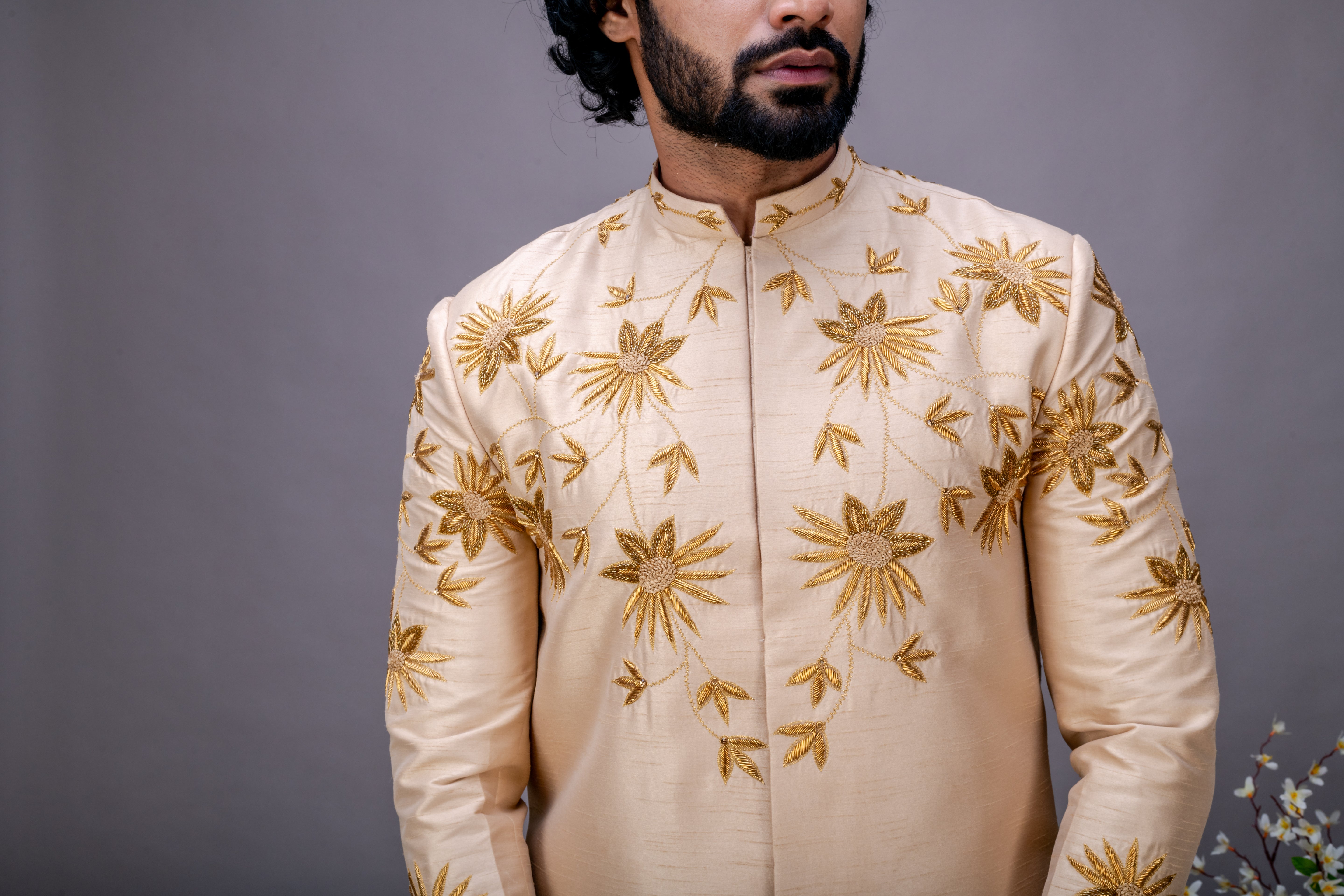 Gold handworked sherwani and dhoti set